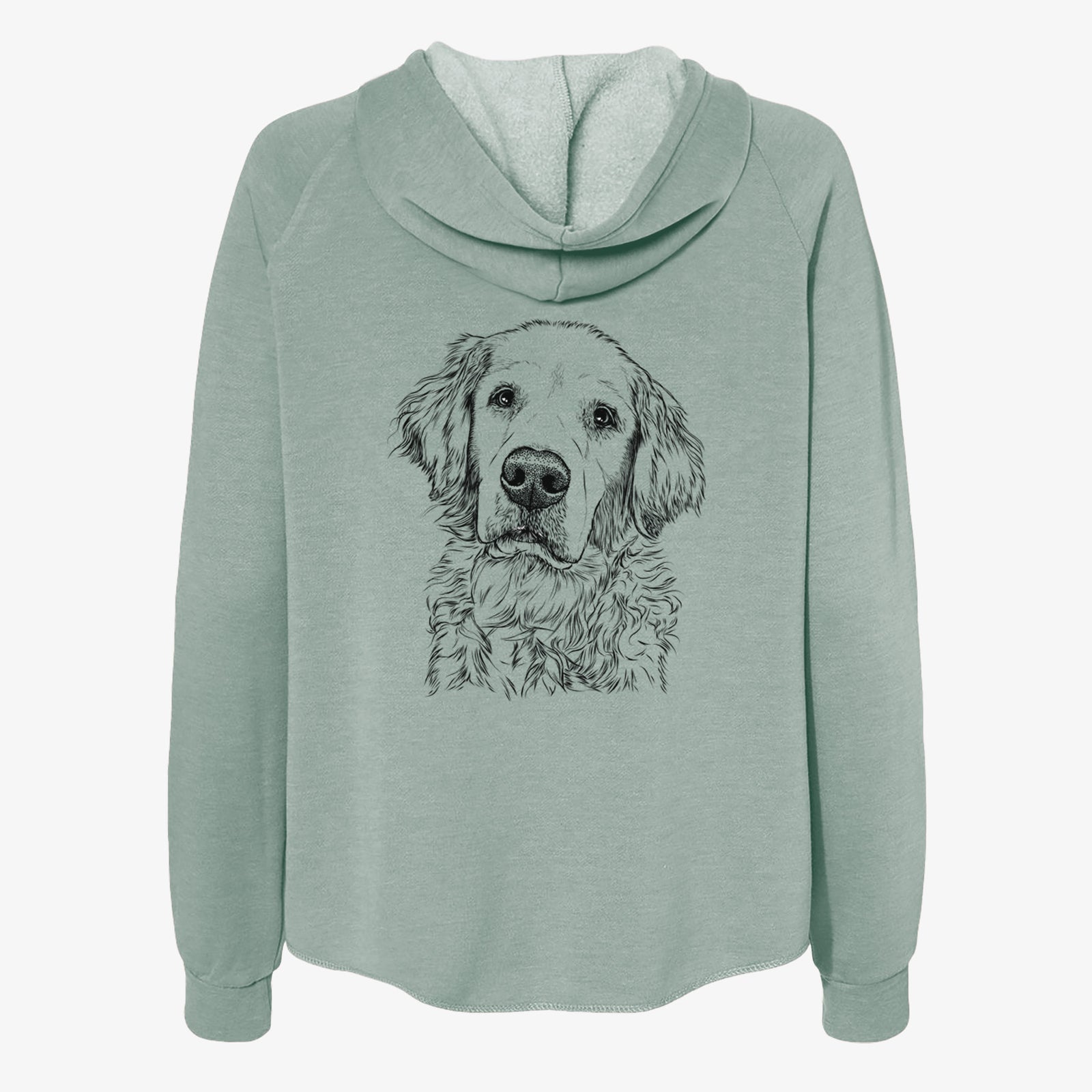 Hand-drawn sketch of Loganator the Golden Retriever on a Sage Women's cali wave zip-up sweatshirt