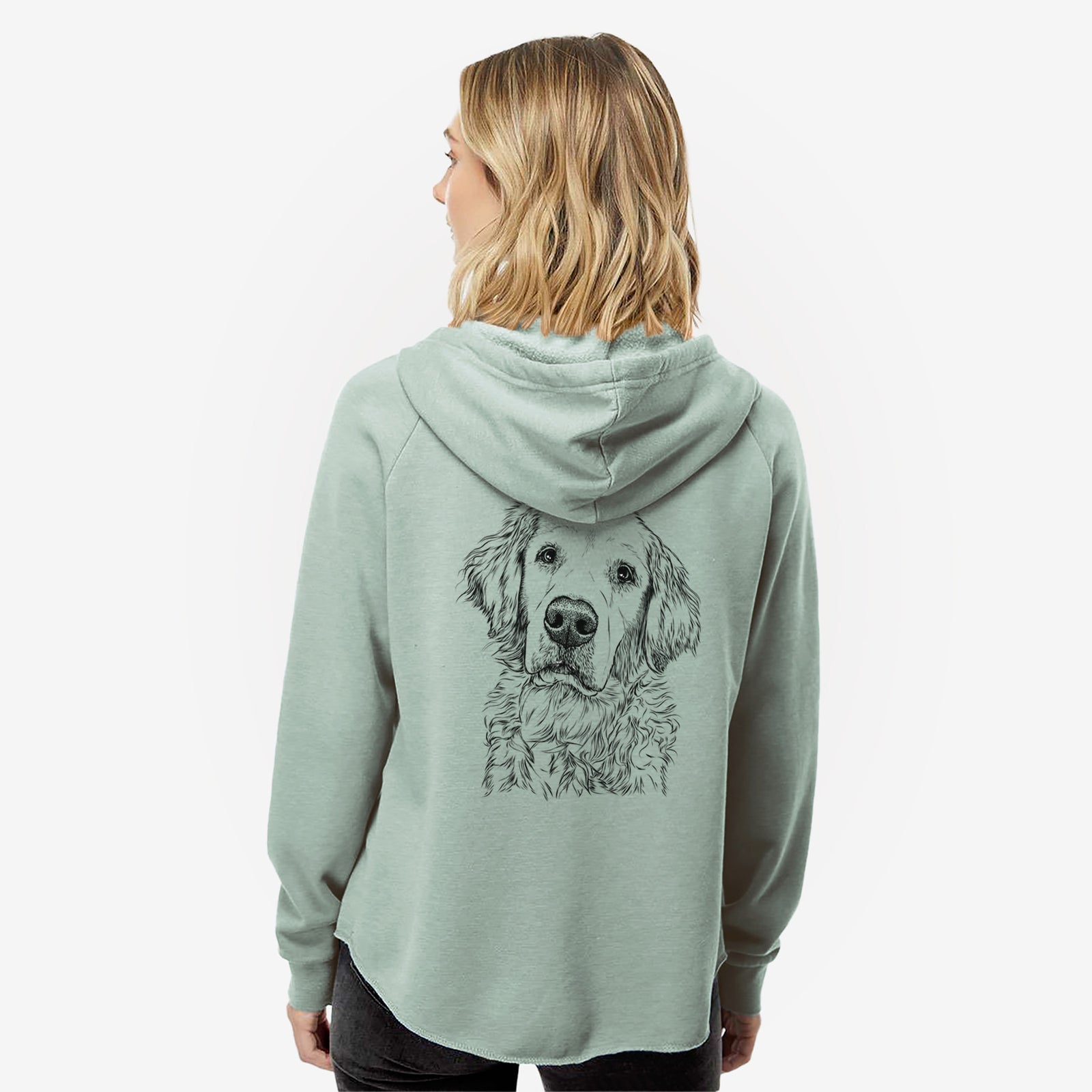 Hand-drawn sketch of Loganator the Golden Retriever on a Sage Women's cali wave zip-up sweatshirt