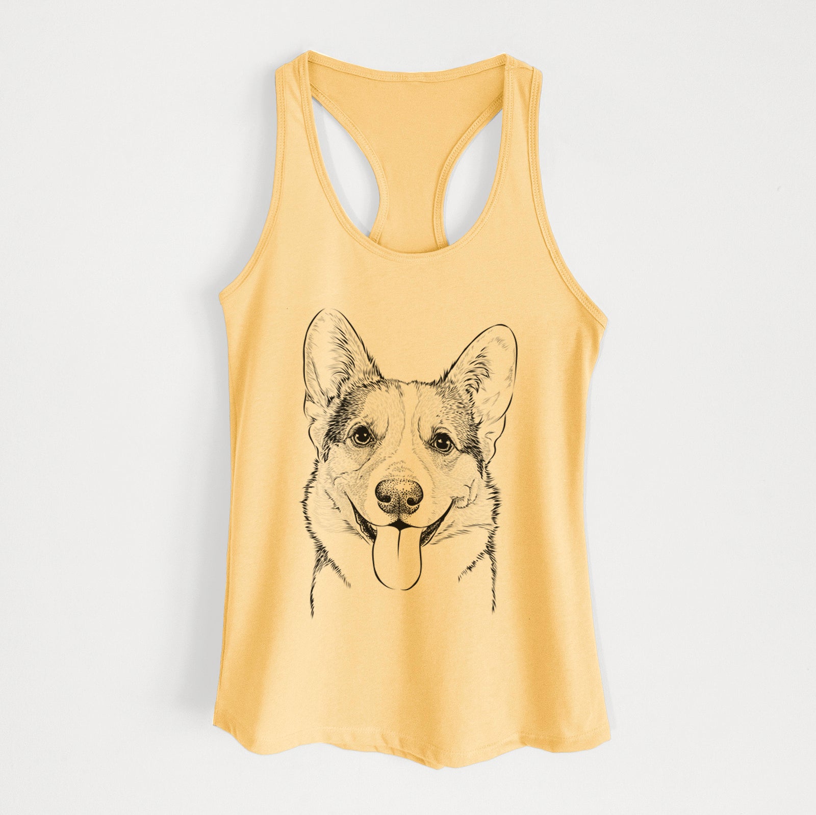 Hand-drawn sketch of Loki the Corgi on a Banana Cream Women's racerback tanktop