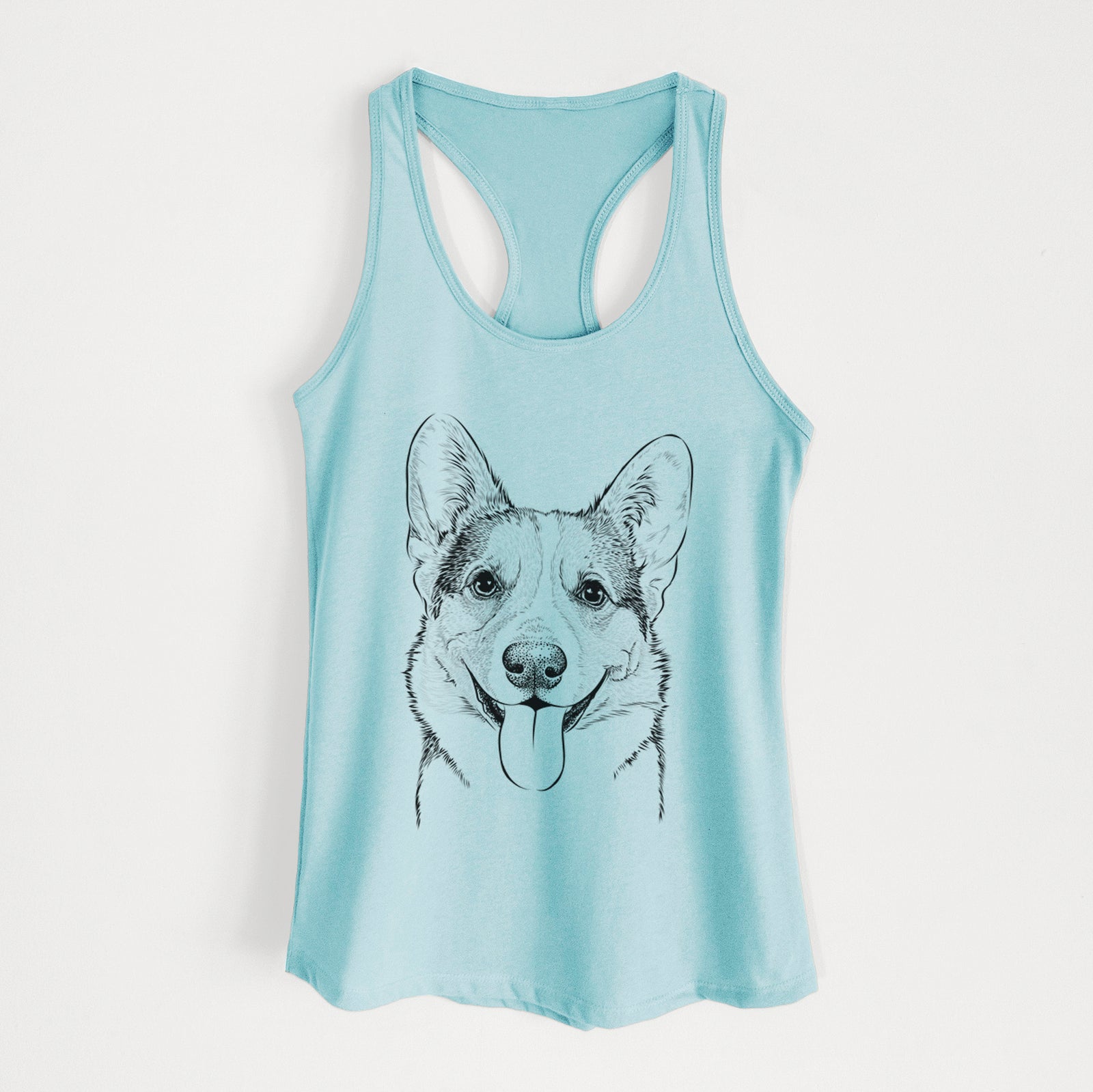 Hand-drawn sketch of Loki the Corgi on a Cancun Blue Women's racerback tanktop