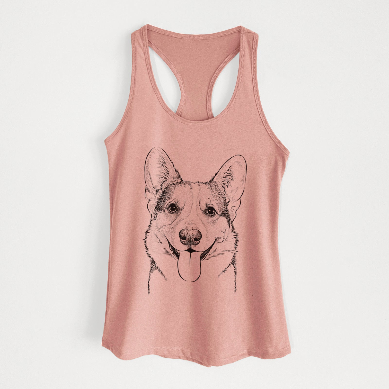 Hand-drawn sketch of Loki the Corgi on a Desert Pink Women's racerback tanktop