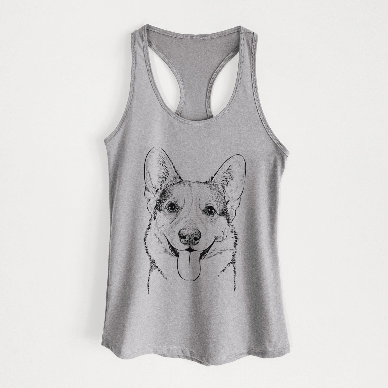 Hand-drawn sketch of Loki the Corgi on a Heather Grey Women's racerback tanktop