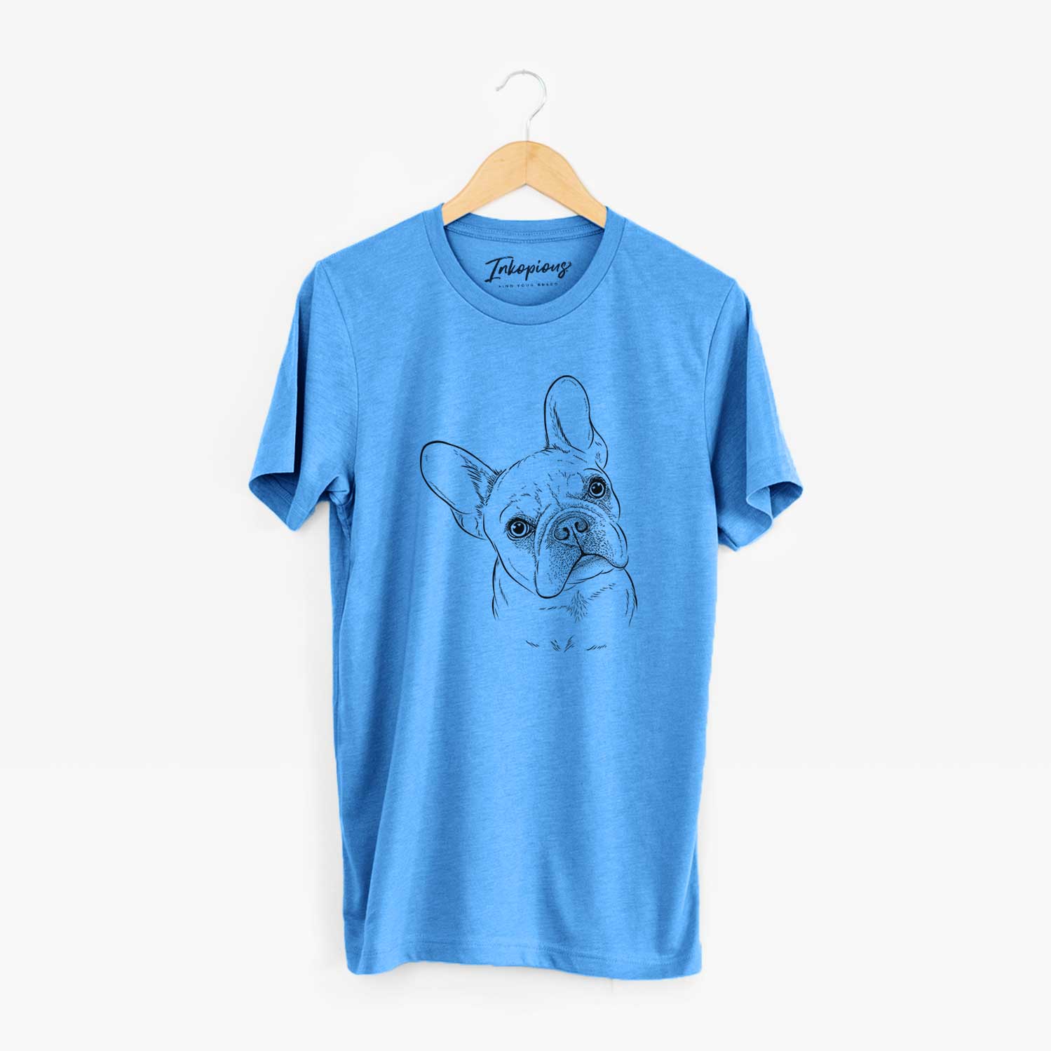 Hand-drawn sketch of Loki the French Bulldog on a Blue Unisex crewneck