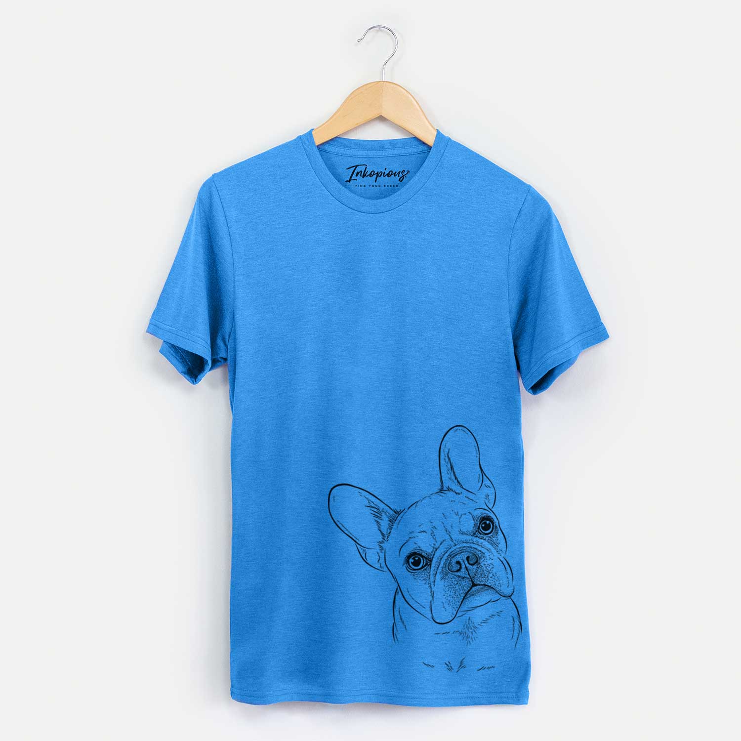 Hand-drawn sketch of Loki the French Bulldog on a Blue Unisex crewneck