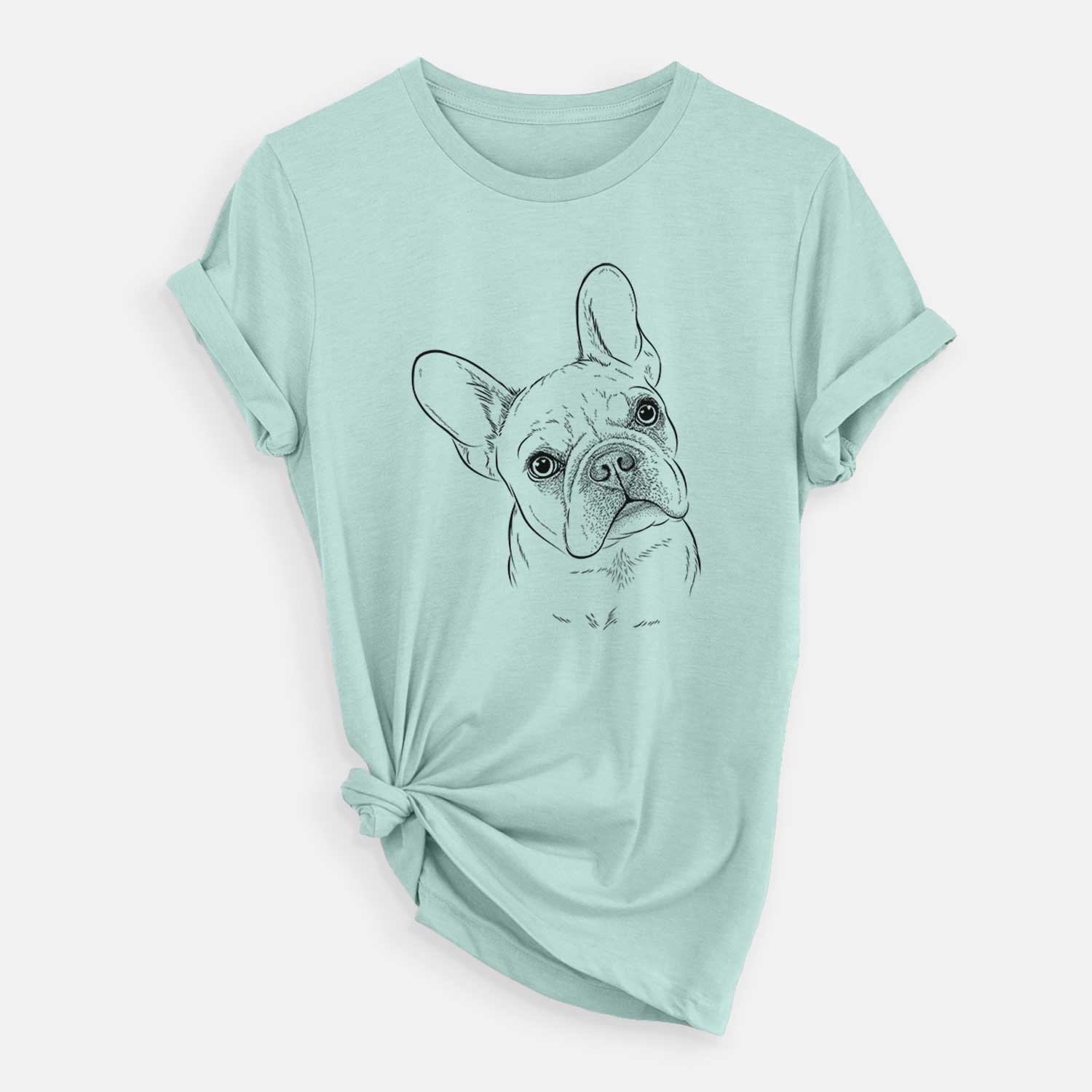 Hand-drawn sketch of Loki the French Bulldog on a Heather Sage Unisex crewneck