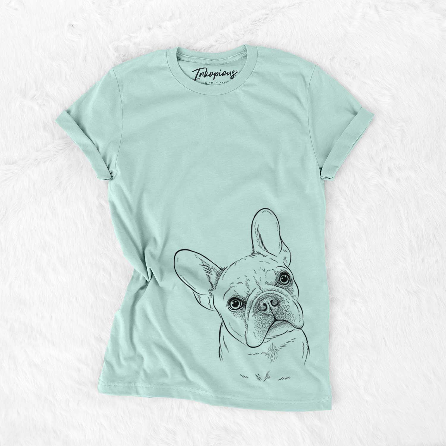 Hand-drawn sketch of Loki the French Bulldog on a Heather Sage Unisex crewneck