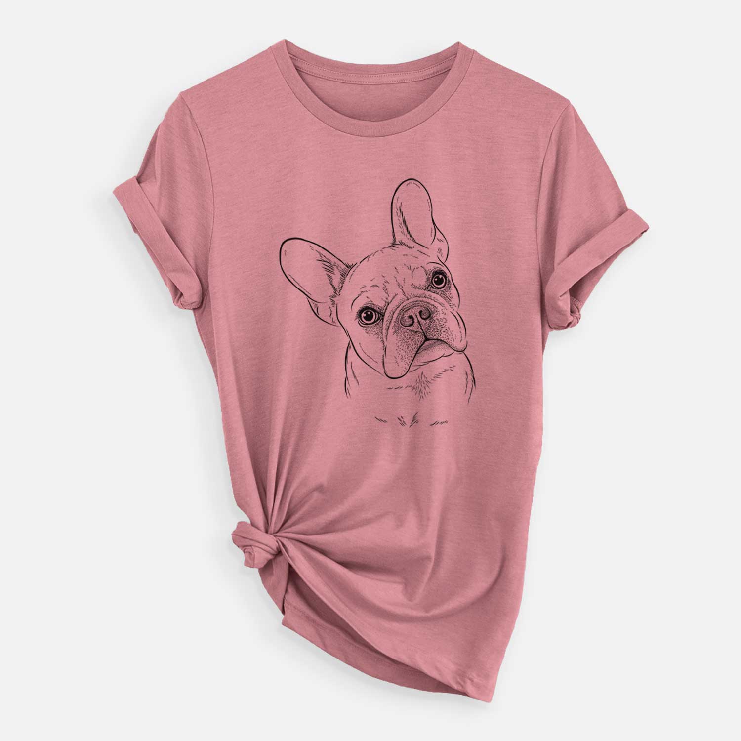 Hand-drawn sketch of Loki the French Bulldog on a Mauve Unisex crewneck