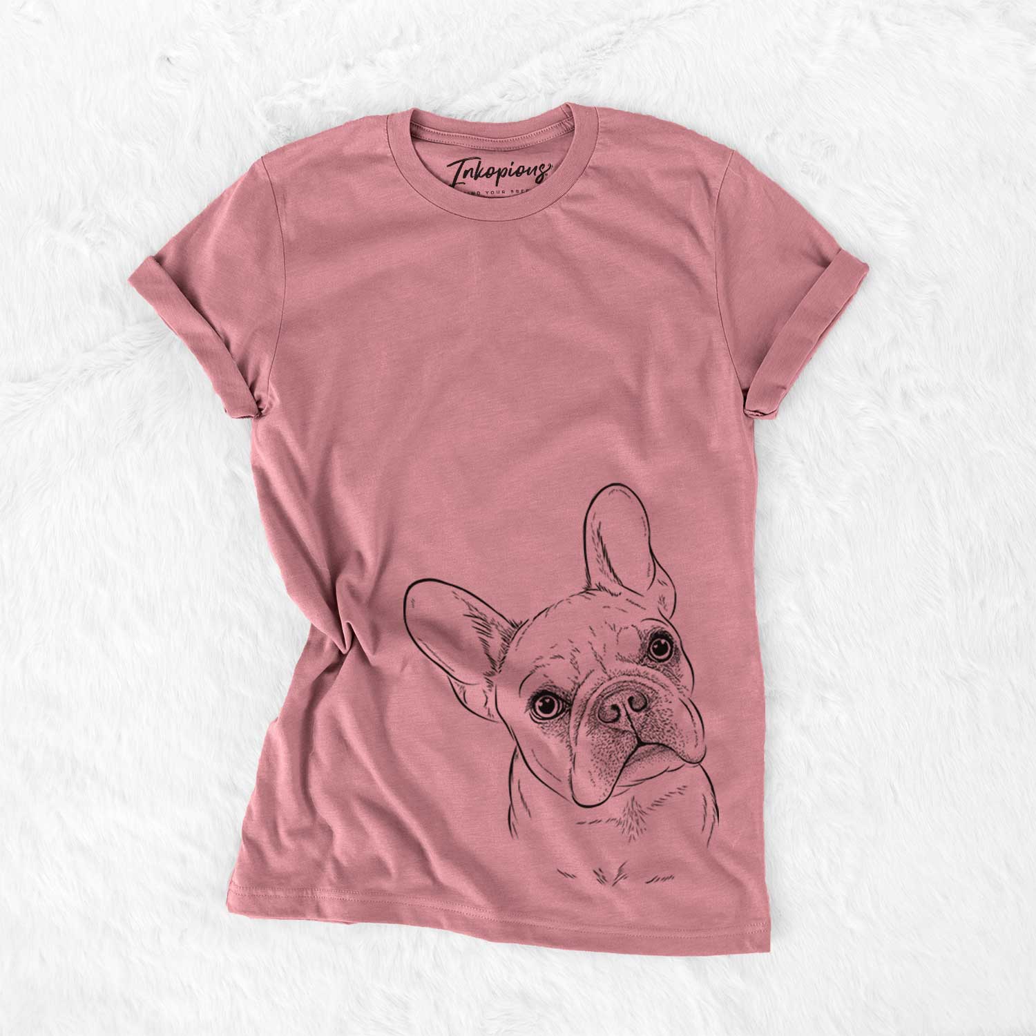Hand-drawn sketch of Loki the French Bulldog on a Mauve Unisex crewneck