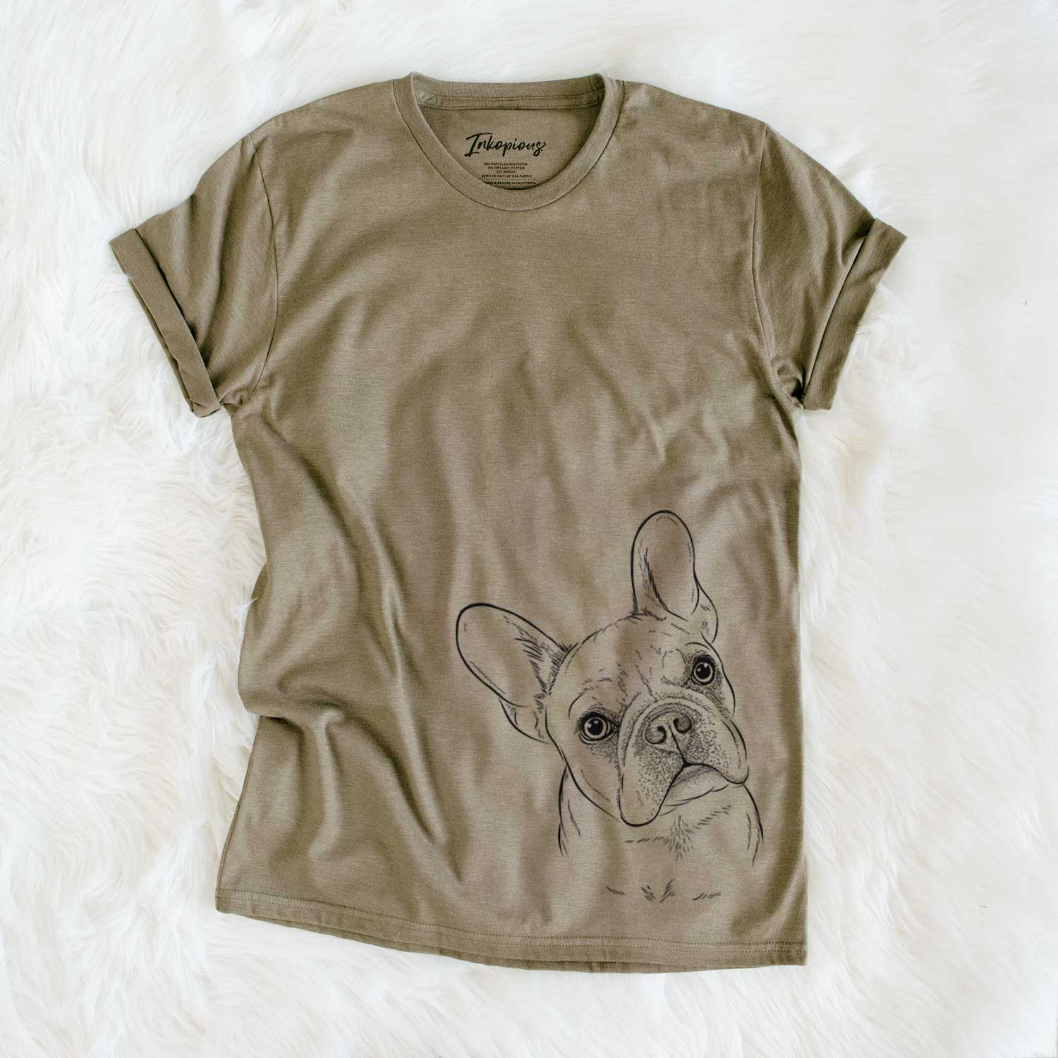 Hand-drawn sketch of Loki the French Bulldog on an Olive Unisex crewneck