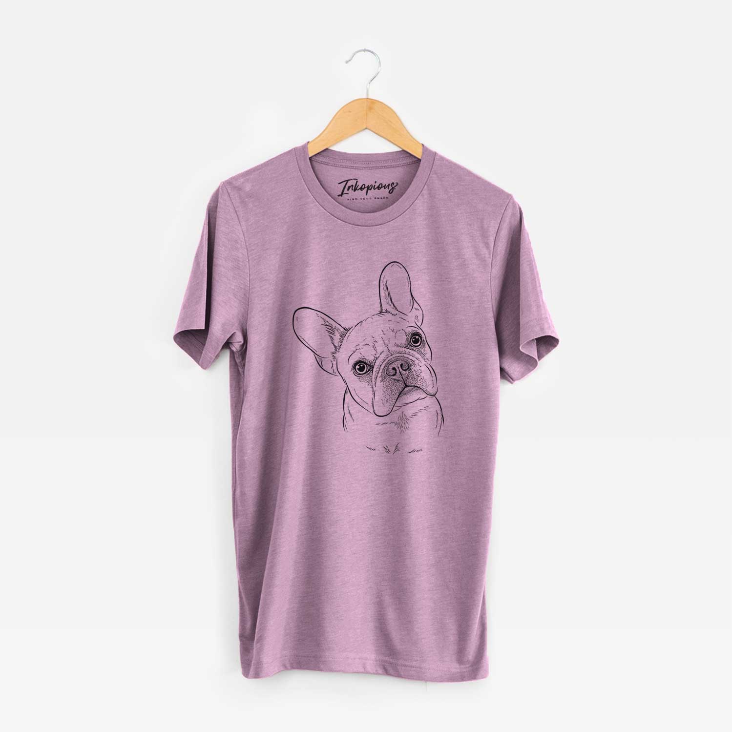 Hand-drawn sketch of Loki the French Bulldog on an Orchid Unisex crewneck
