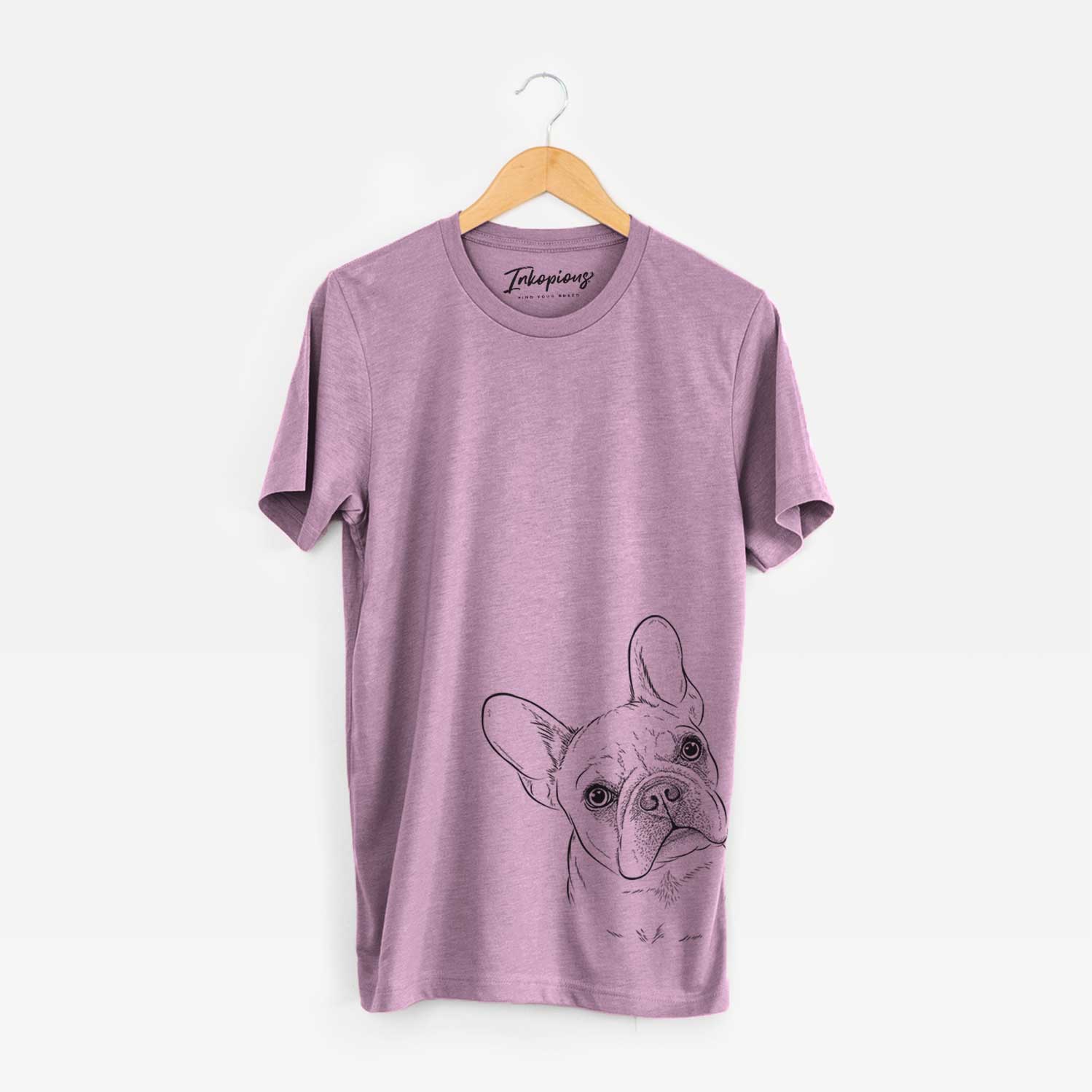 Hand-drawn sketch of Loki the French Bulldog on an Orchid Unisex crewneck