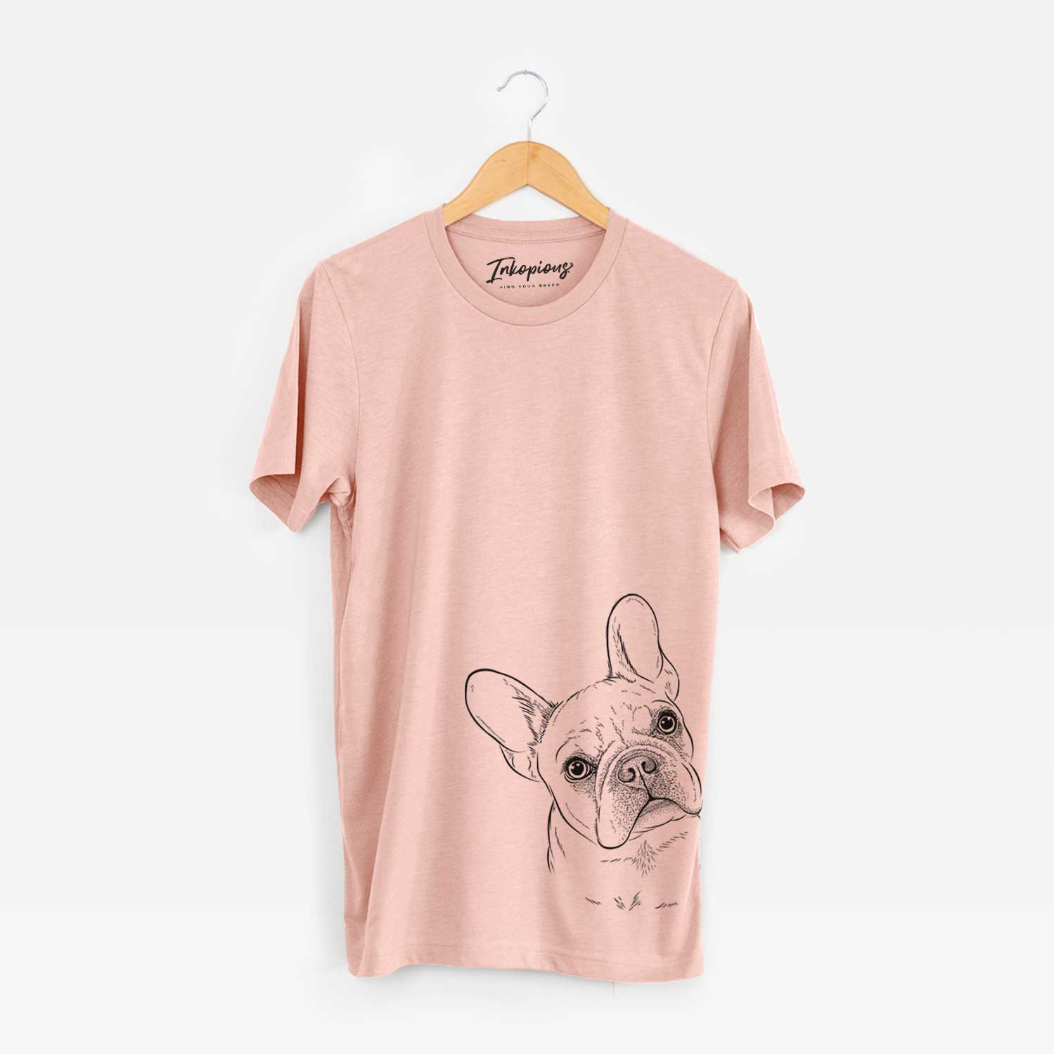 Hand-drawn sketch of Loki the French Bulldog on a Peach Unisex crewneck
