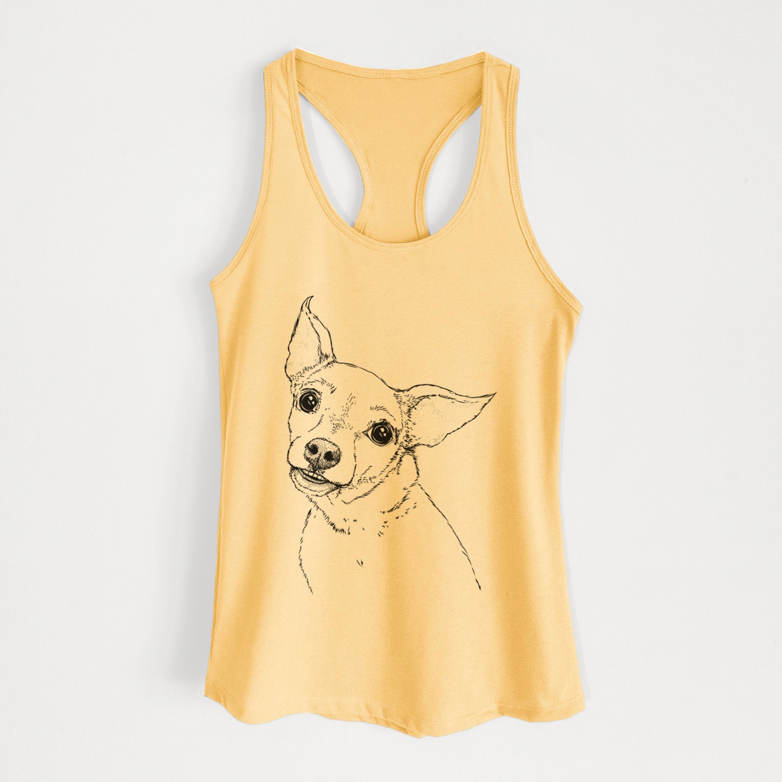 Hand-drawn sketch of Lola the Chiweenie on a Banana Cream Women's racerback tanktop