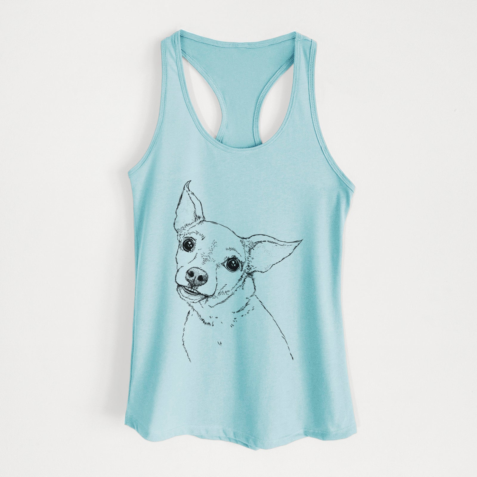 Hand-drawn sketch of Lola the Chiweenie on a Cancun Blue Women's racerback tanktop