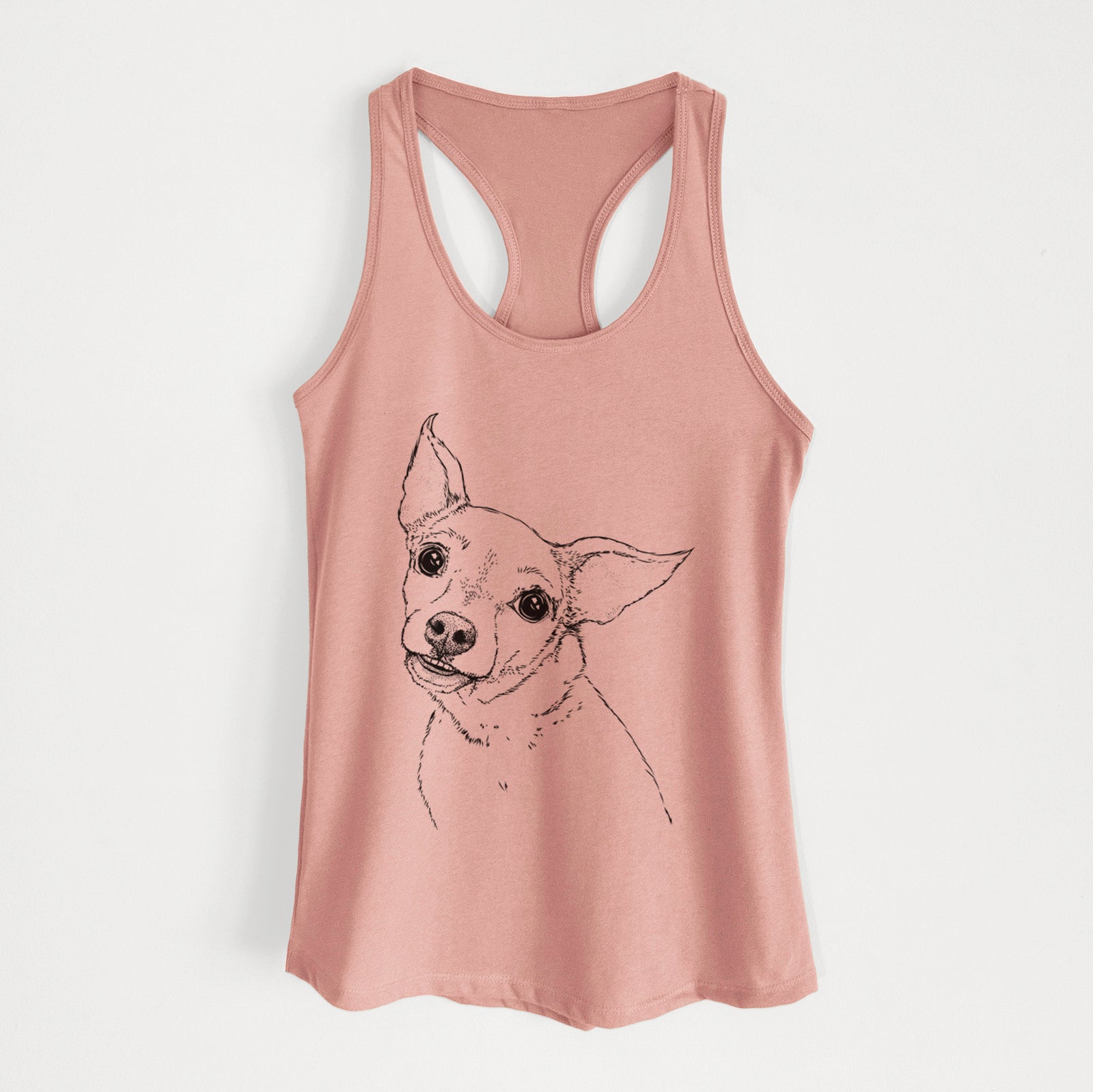Hand-drawn sketch of Lola the Chiweenie on a Desert Pink Women's racerback tanktop