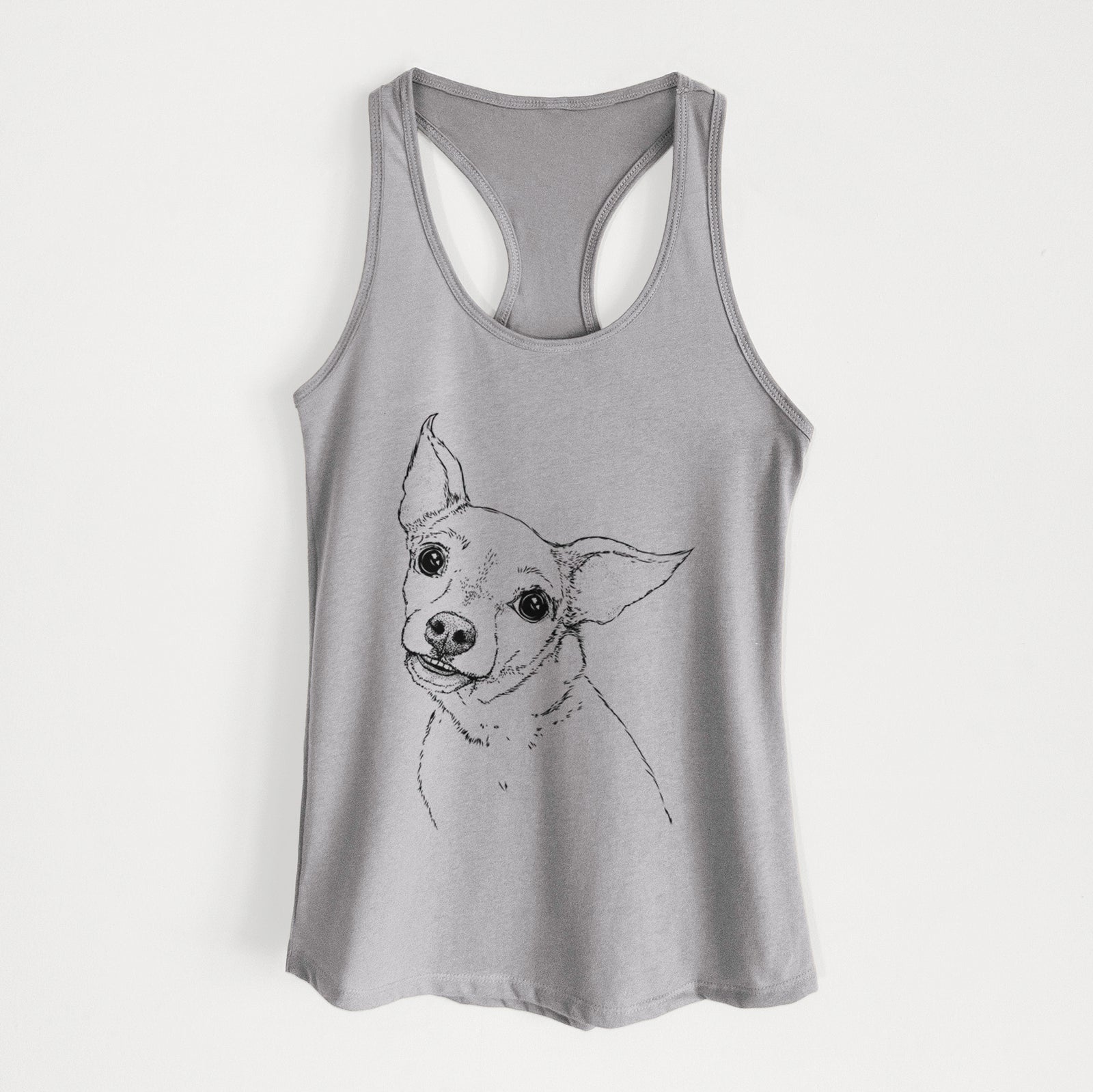 Hand-drawn sketch of Lola the Chiweenie on a Heather Grey Women's racerback tanktop