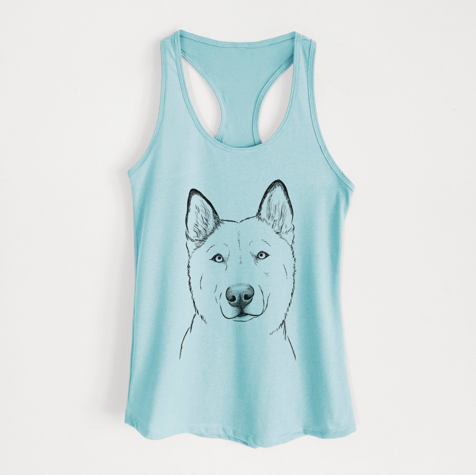 Hand-drawn sketch of London the Siberian Husky on a Cancun Blue Women's racerback tanktop