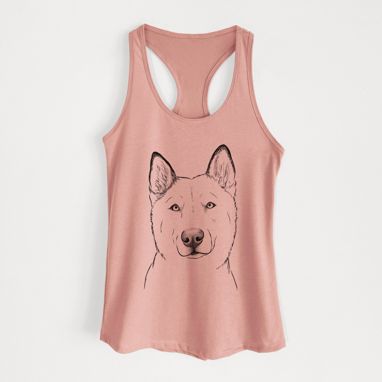 Hand-drawn sketch of London the Siberian Husky on a Desert Pink Women's racerback tanktop