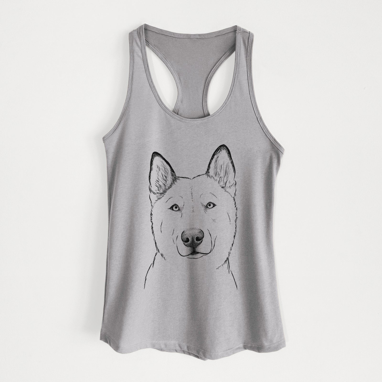 Hand-drawn sketch of London the Siberian Husky on a Heather Grey Women's racerback tanktop