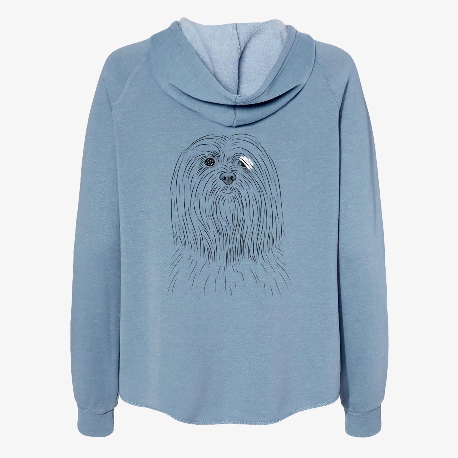 Hand-drawn sketch of Lorenzo the Lhasa Apso on a Misty Blue Women's cali wave zip-up sweatshirt