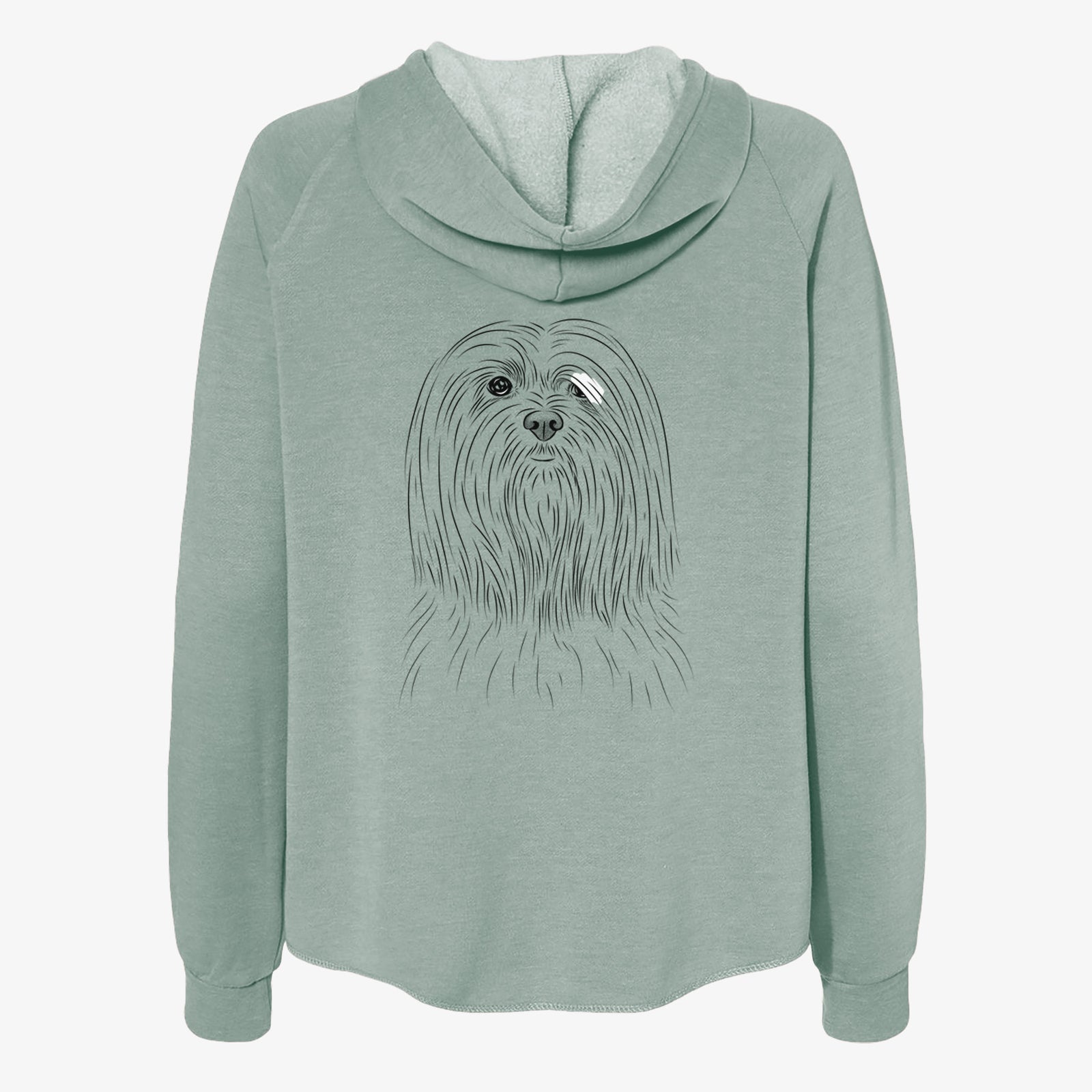 Hand-drawn sketch of Lorenzo the Lhasa Apso on a Sage Women's cali wave zip-up sweatshirt
