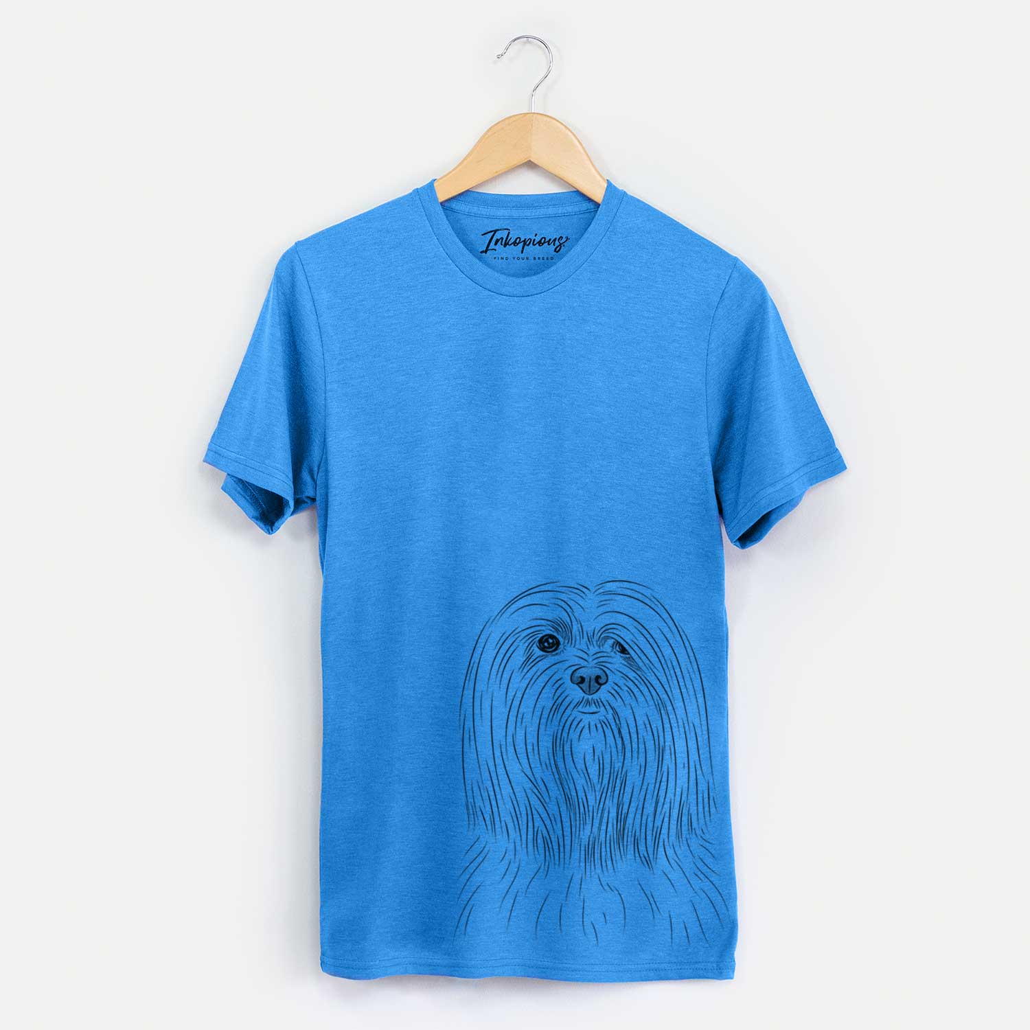 Hand-drawn sketch of Lorenzo the Lhasa Apso on a Blue Unisex crewneck