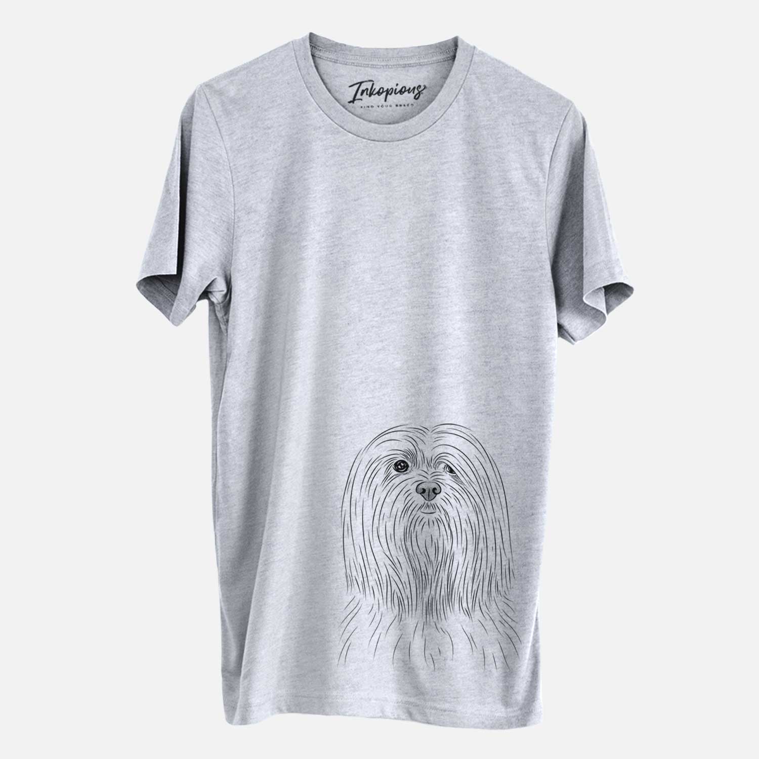 Hand-drawn sketch of Lorenzo the Lhasa Apso on a Grey Unisex crewneck