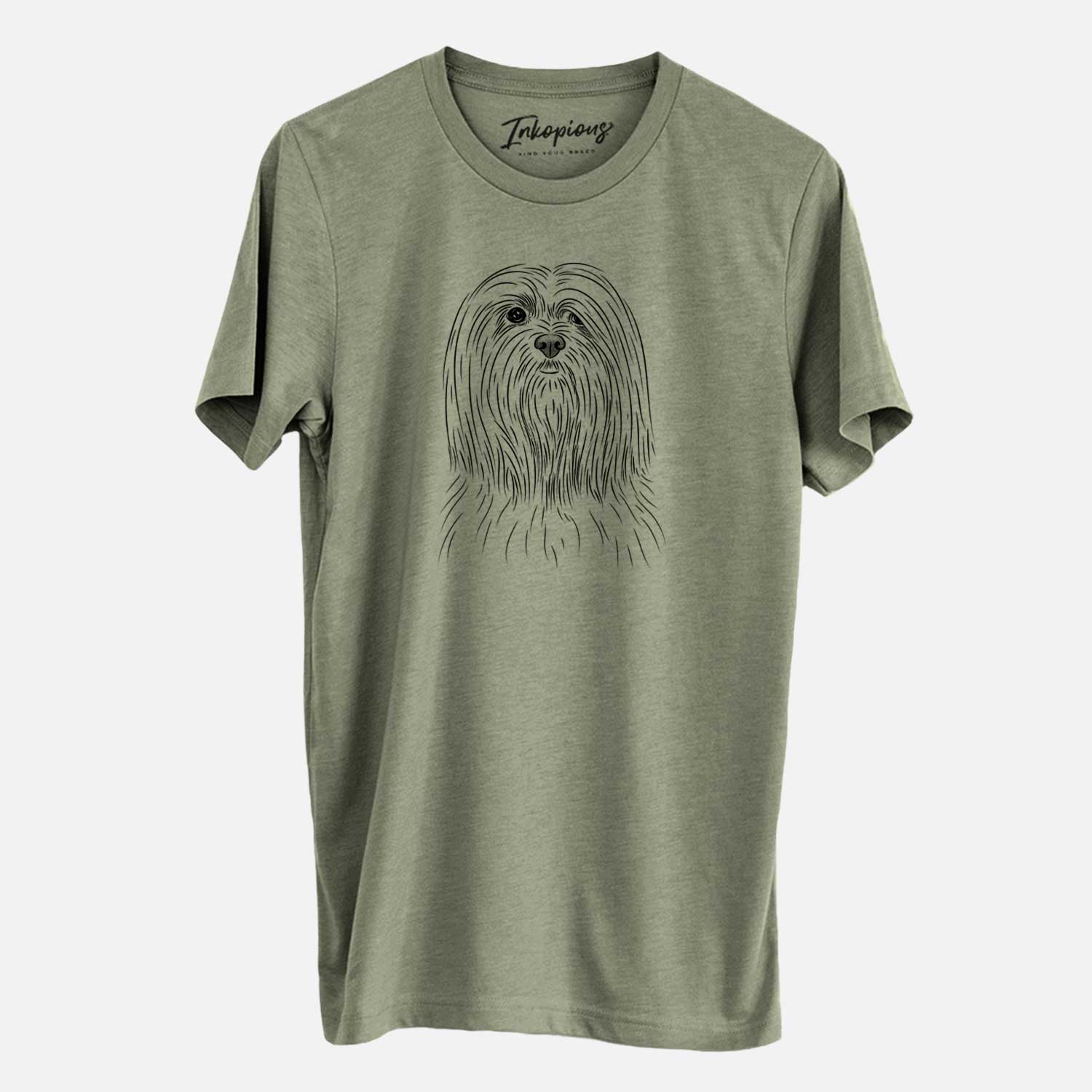 Hand-drawn sketch of Lorenzo the Lhasa Apso on an Olive Unisex crewneck