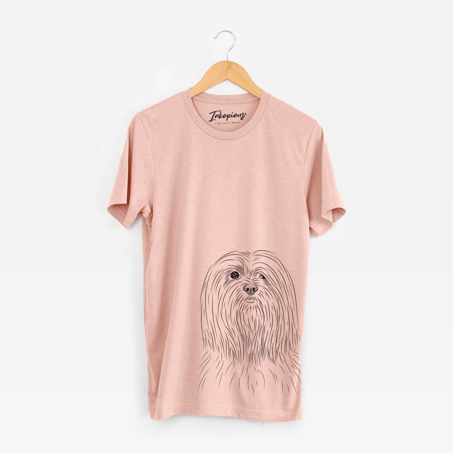 Hand-drawn sketch of Lorenzo the Lhasa Apso on a Peach Unisex crewneck