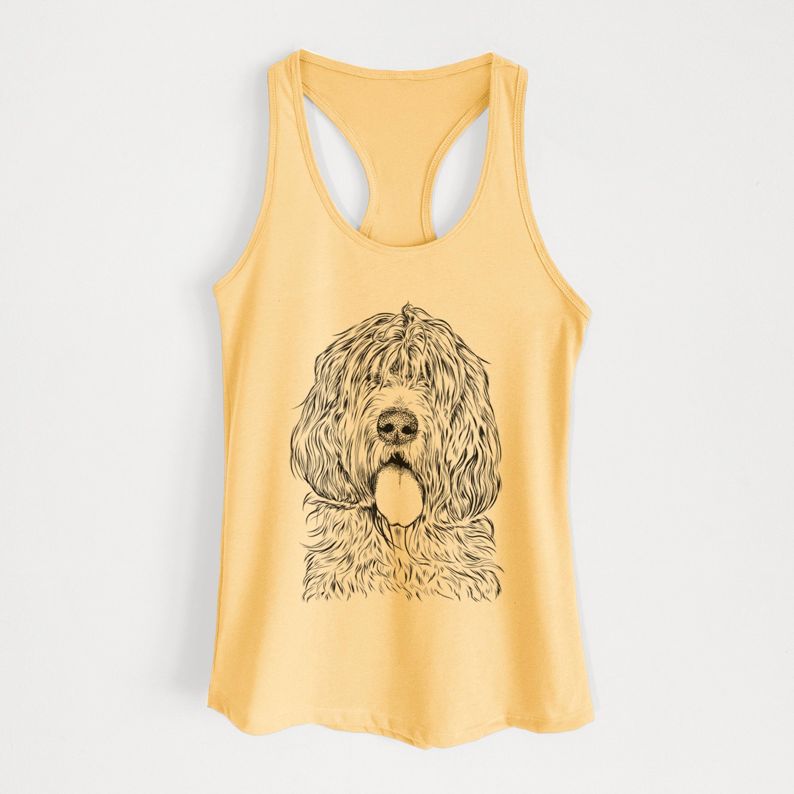 Hand-drawn sketch of Lou the Otterhound on a Banana Cream Women's racerback tanktop