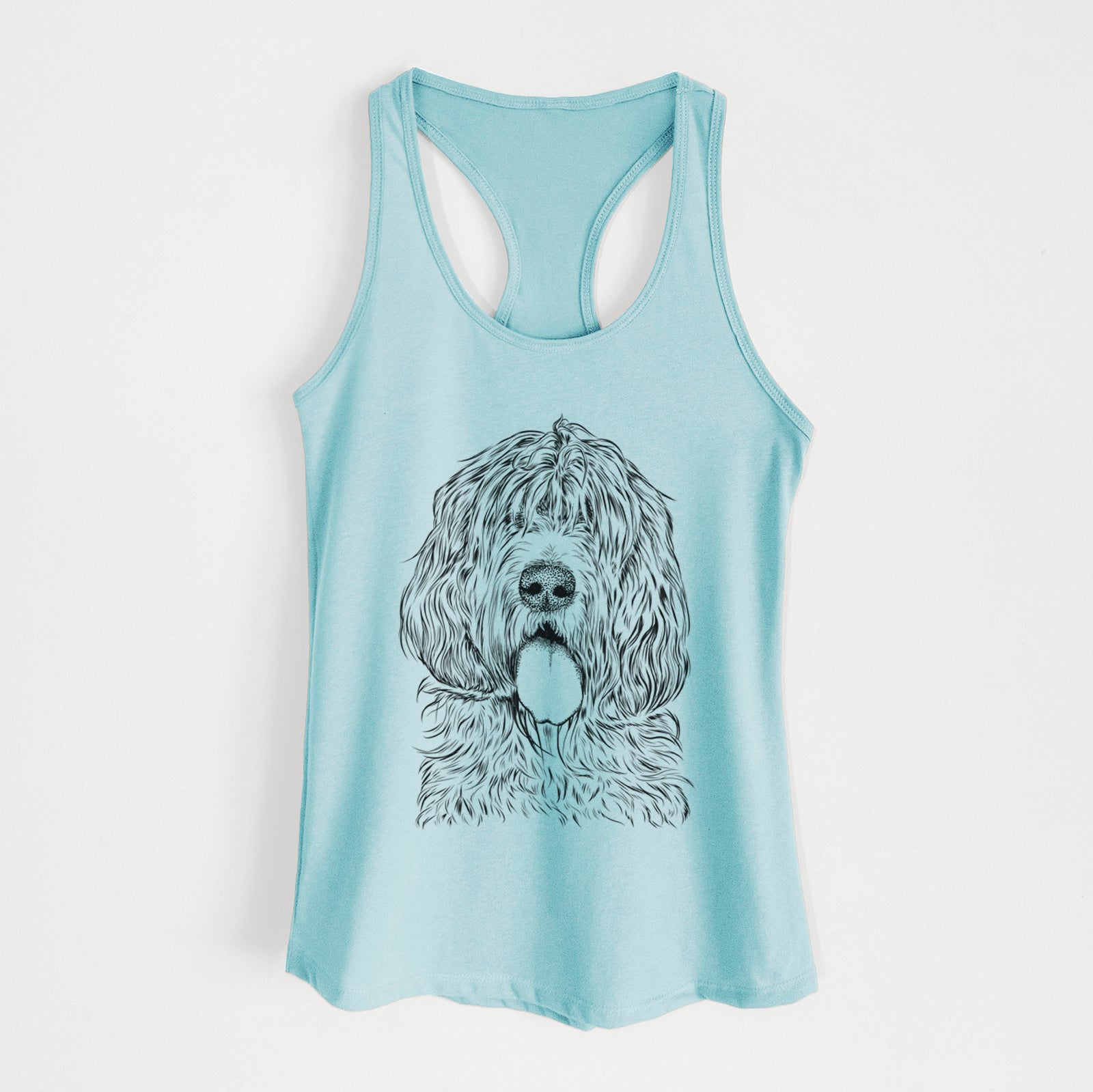 Hand-drawn sketch of Lou the Otterhound on a Cancun Blue Women's racerback tanktop