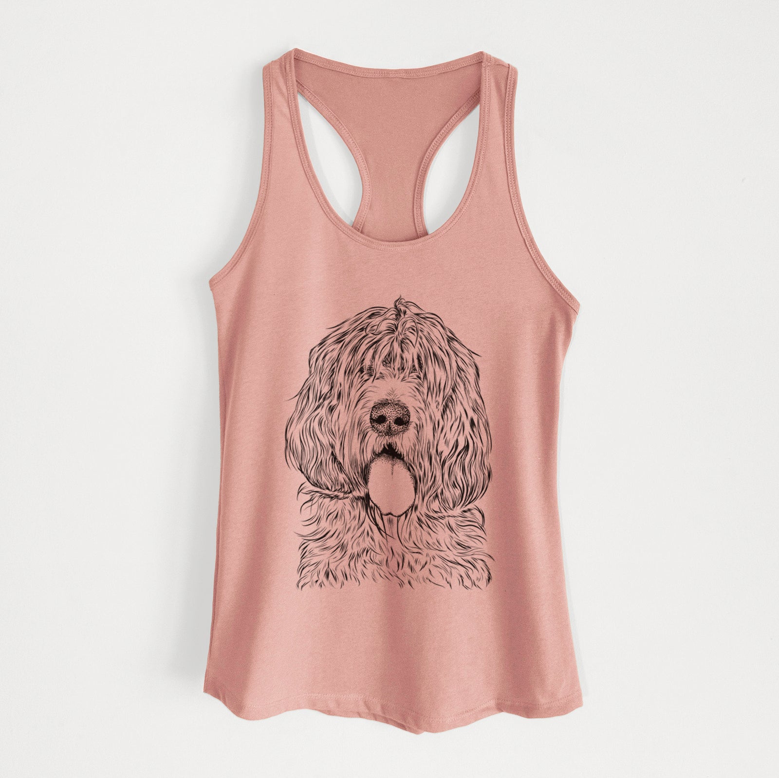 Hand-drawn sketch of Lou the Otterhound on a Desert Pink Women's racerback tanktop