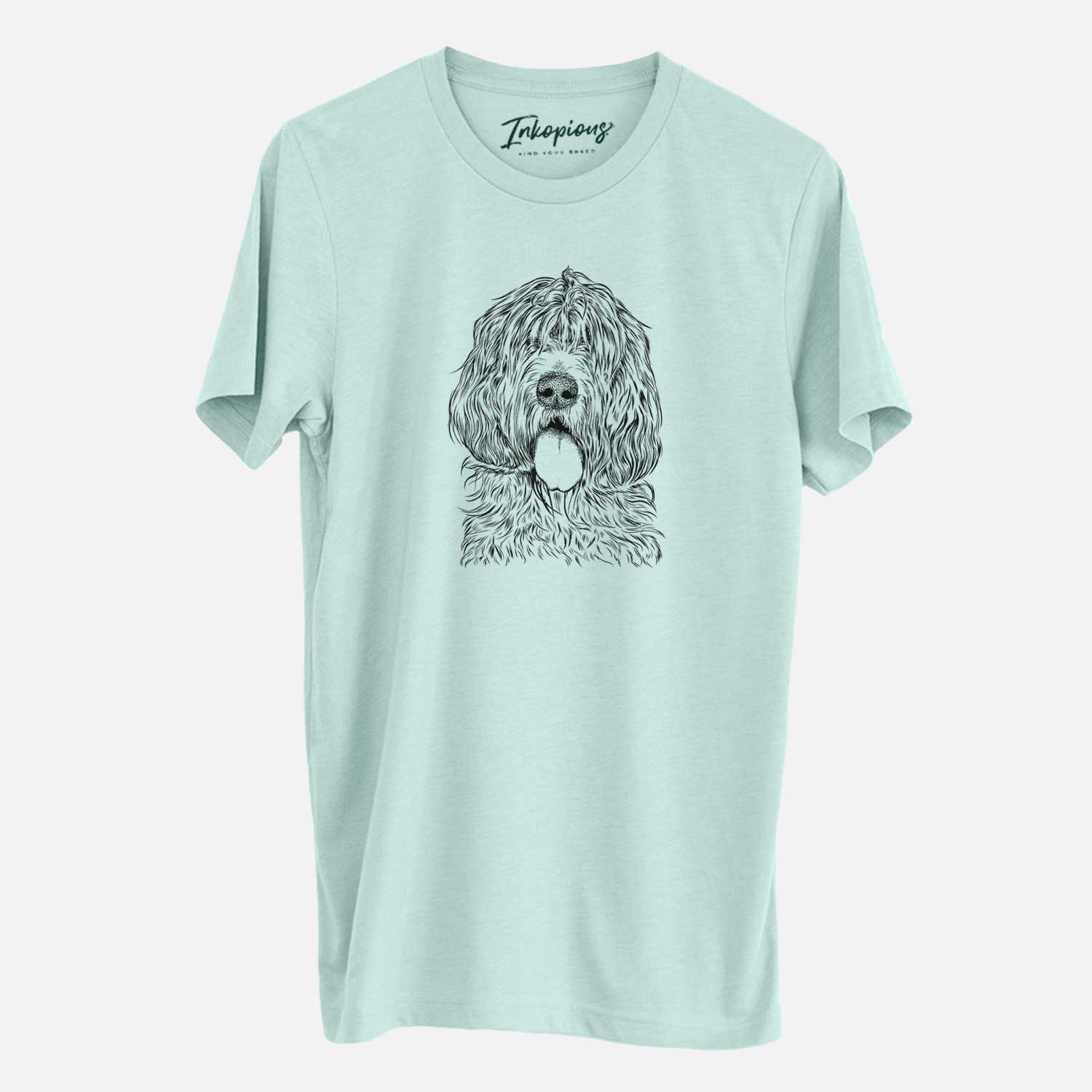 Hand-drawn sketch of Lou the Otterhound on a Heather Sage Unisex crewneck