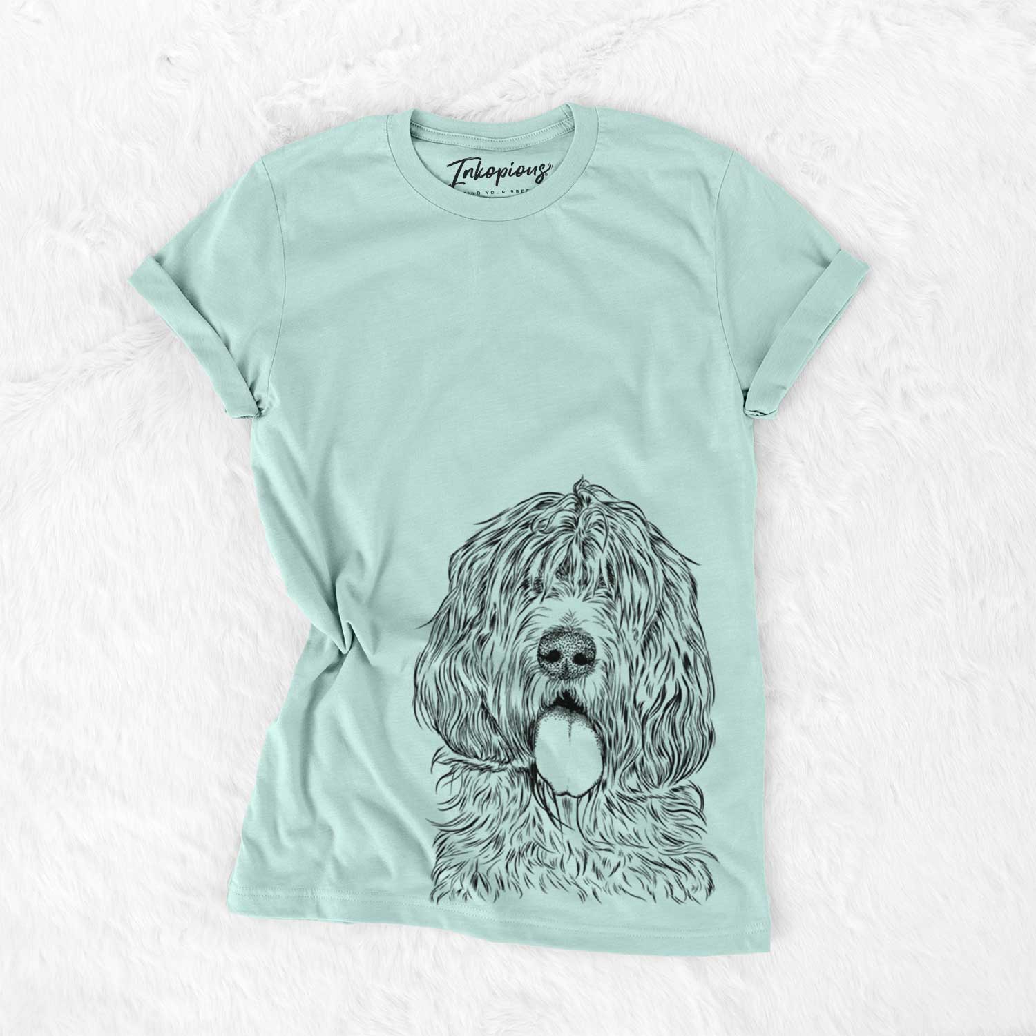 Hand-drawn sketch of Lou the Otterhound on a Heather Sage Unisex crewneck