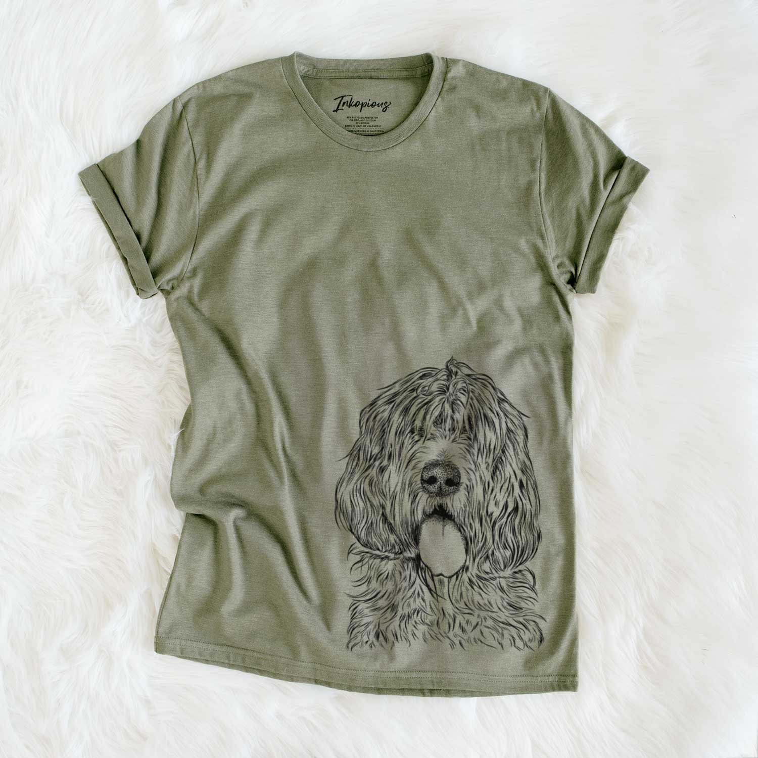 Hand-drawn sketch of Lou the Otterhound on an Olive Unisex crewneck