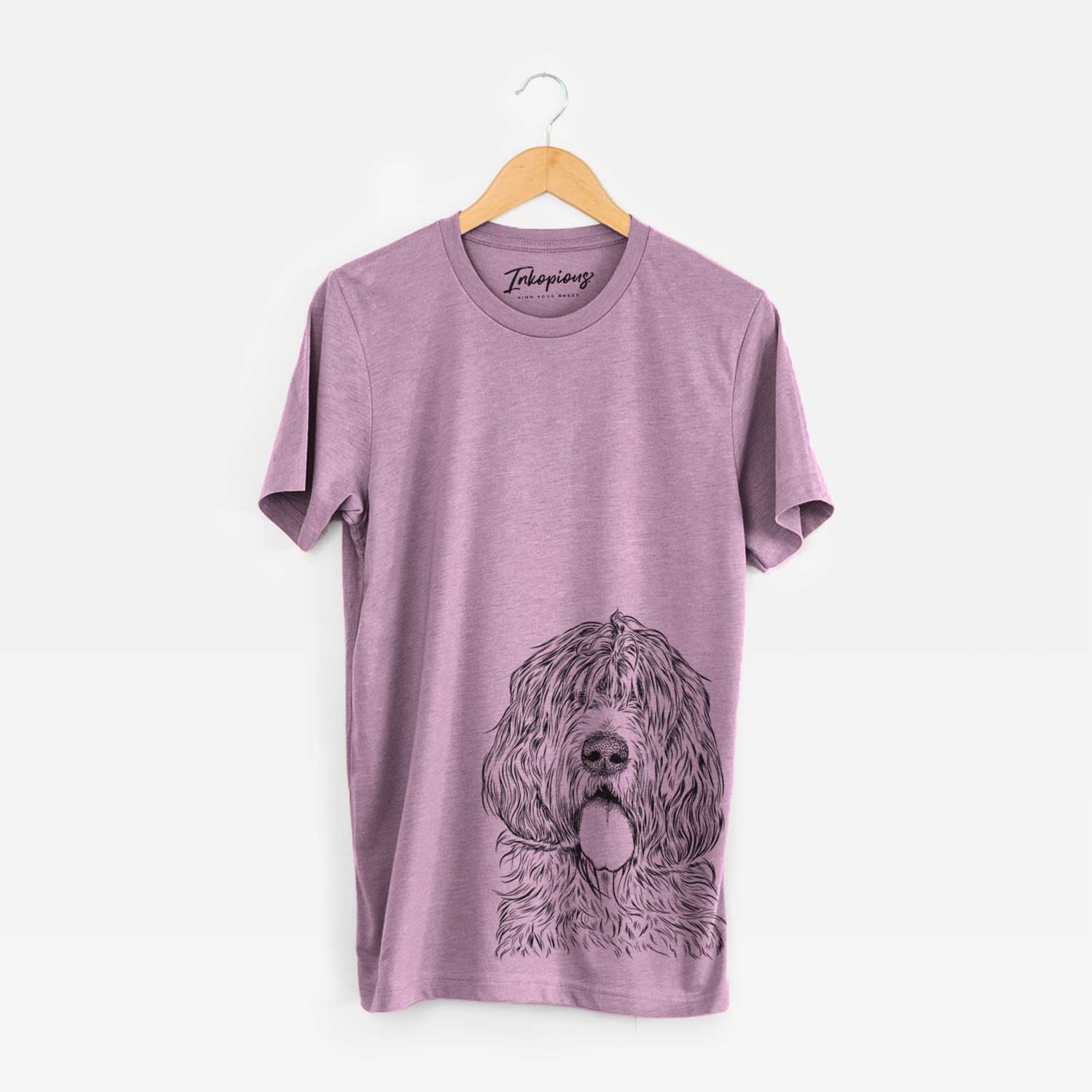 Hand-drawn sketch of Lou the Otterhound on an Orchid Unisex crewneck