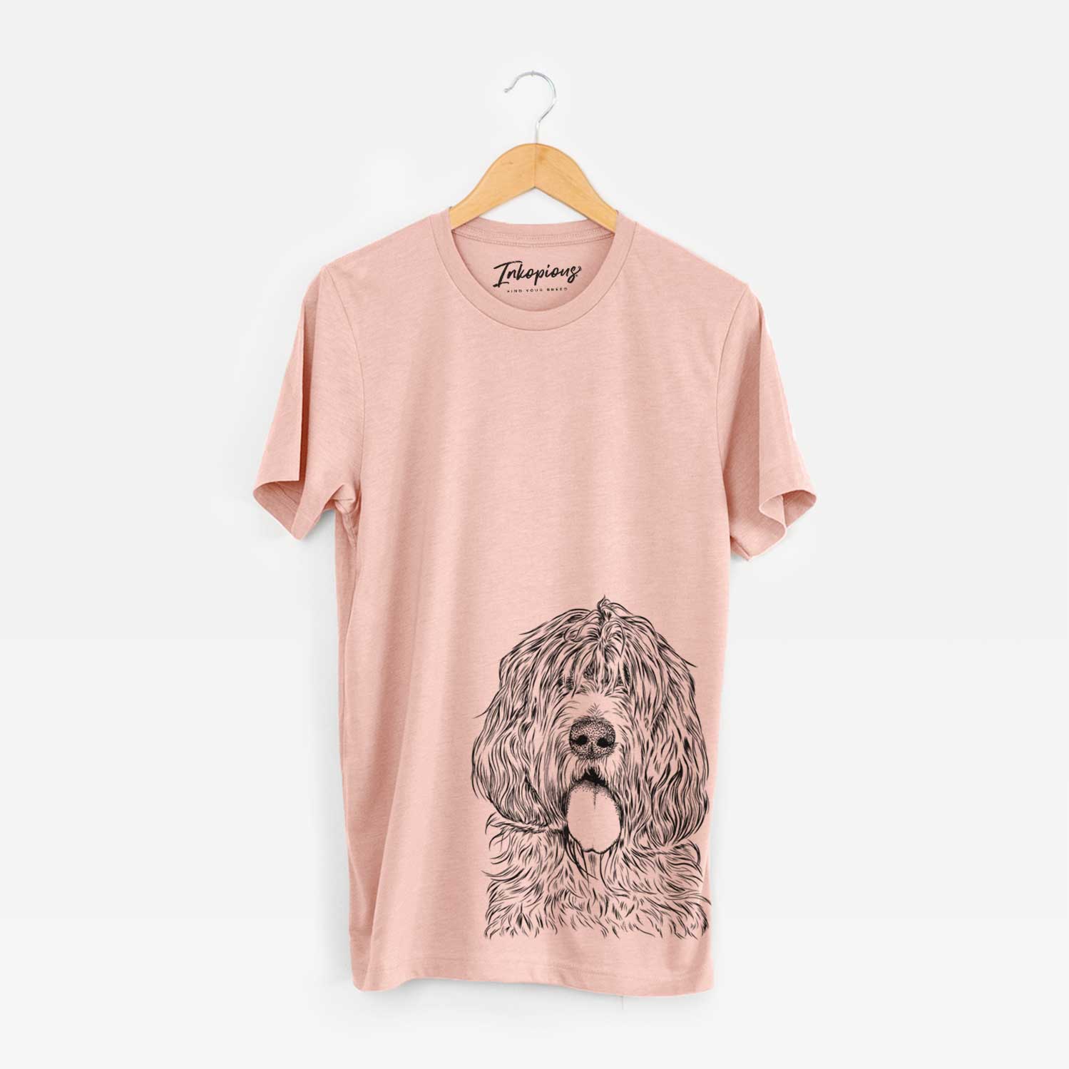 Hand-drawn sketch of Lou the Otterhound on a Peach Unisex crewneck