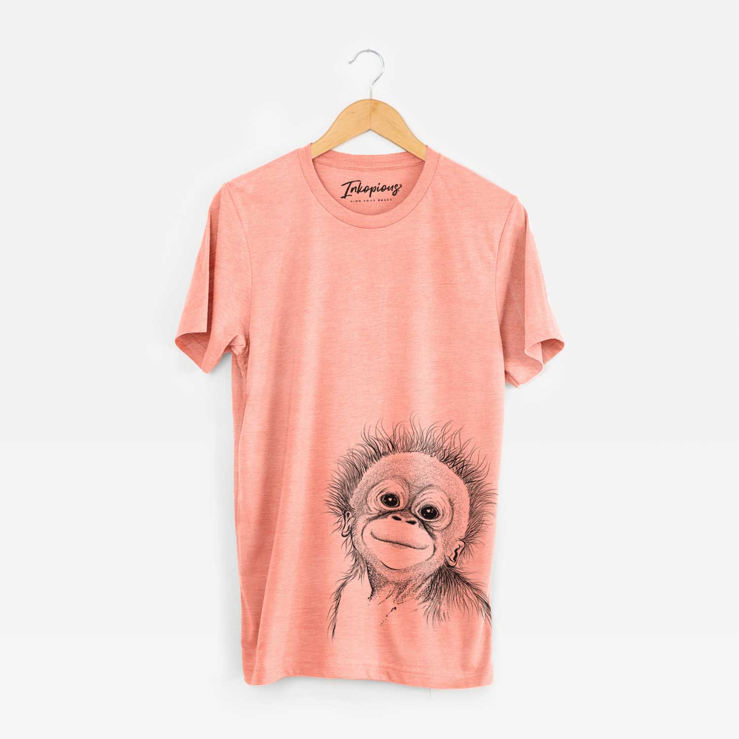 Hand-drawn sketch of Louie the Baby Orangutan on a Sunset Bella Canvas Unisex Crewneck