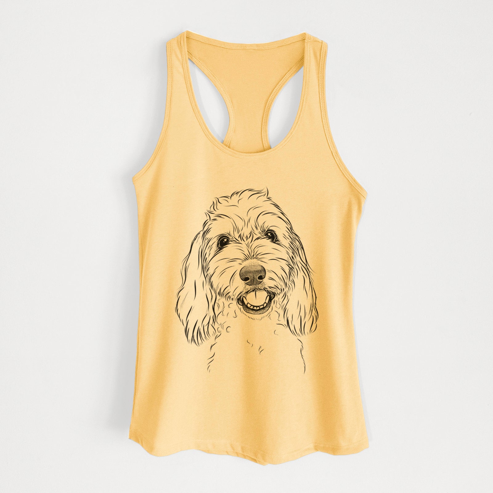 Hand-drawn sketch of Louie the Coton de Tulear on a Banana Cream Women's racerback tanktop