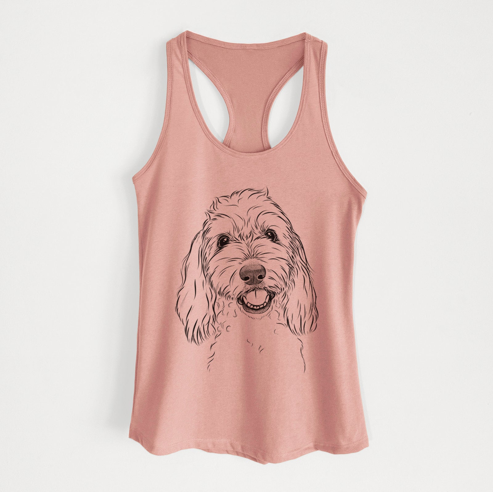 Hand-drawn sketch of Louie the Coton de Tulear on a Desert Pink Women's racerback tanktop
