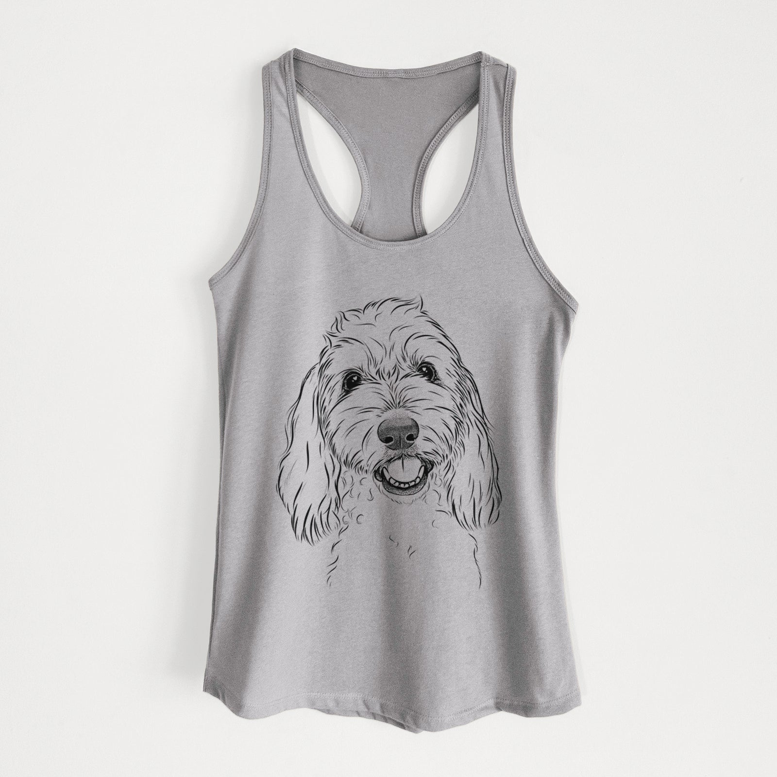 Hand-drawn sketch of Louie the Coton de Tulear on a Heather Grey Women's racerback tanktop
