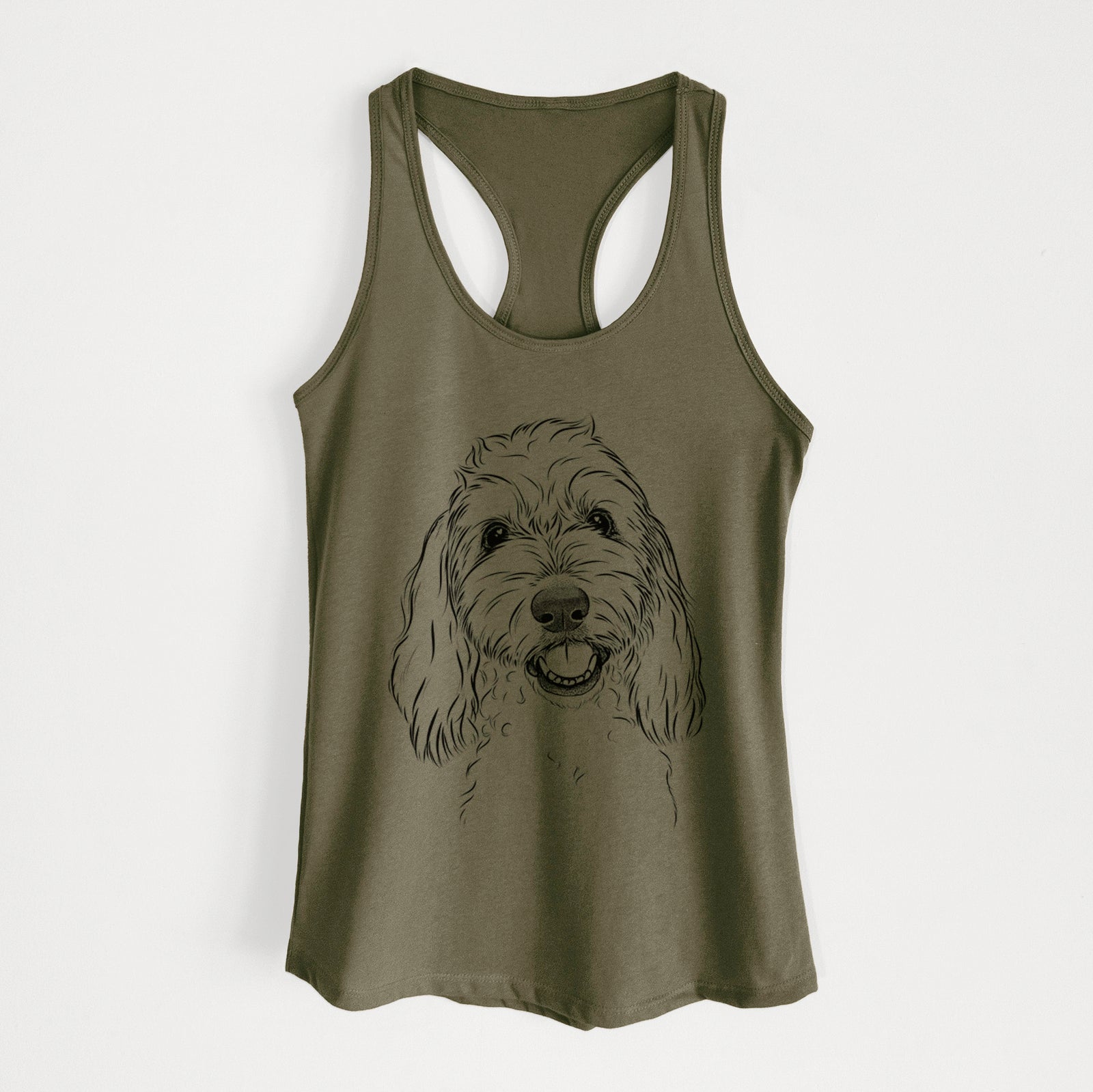 Hand-drawn sketch of Louie the Coton de Tulear on a Military Green Women's racerback tanktop