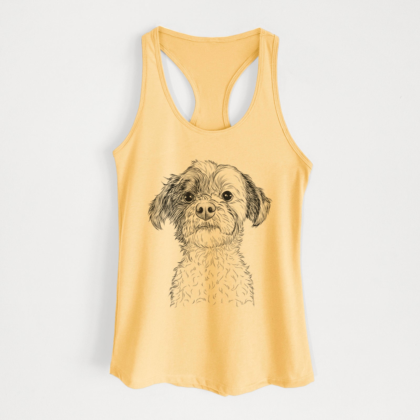 Hand-drawn sketch of Louise the Havanese on a Banana Cream Women's racerback tanktop