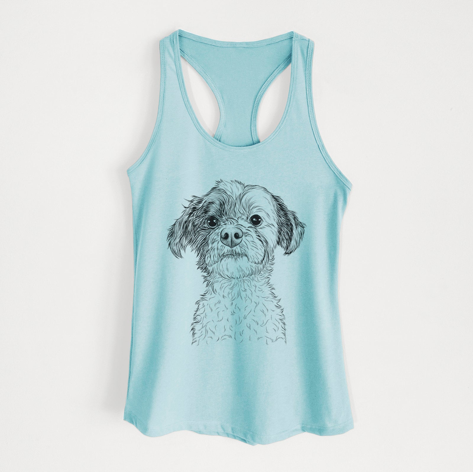 Hand-drawn sketch of Louise the Havanese on a Cancun Blue Women's racerback tanktop