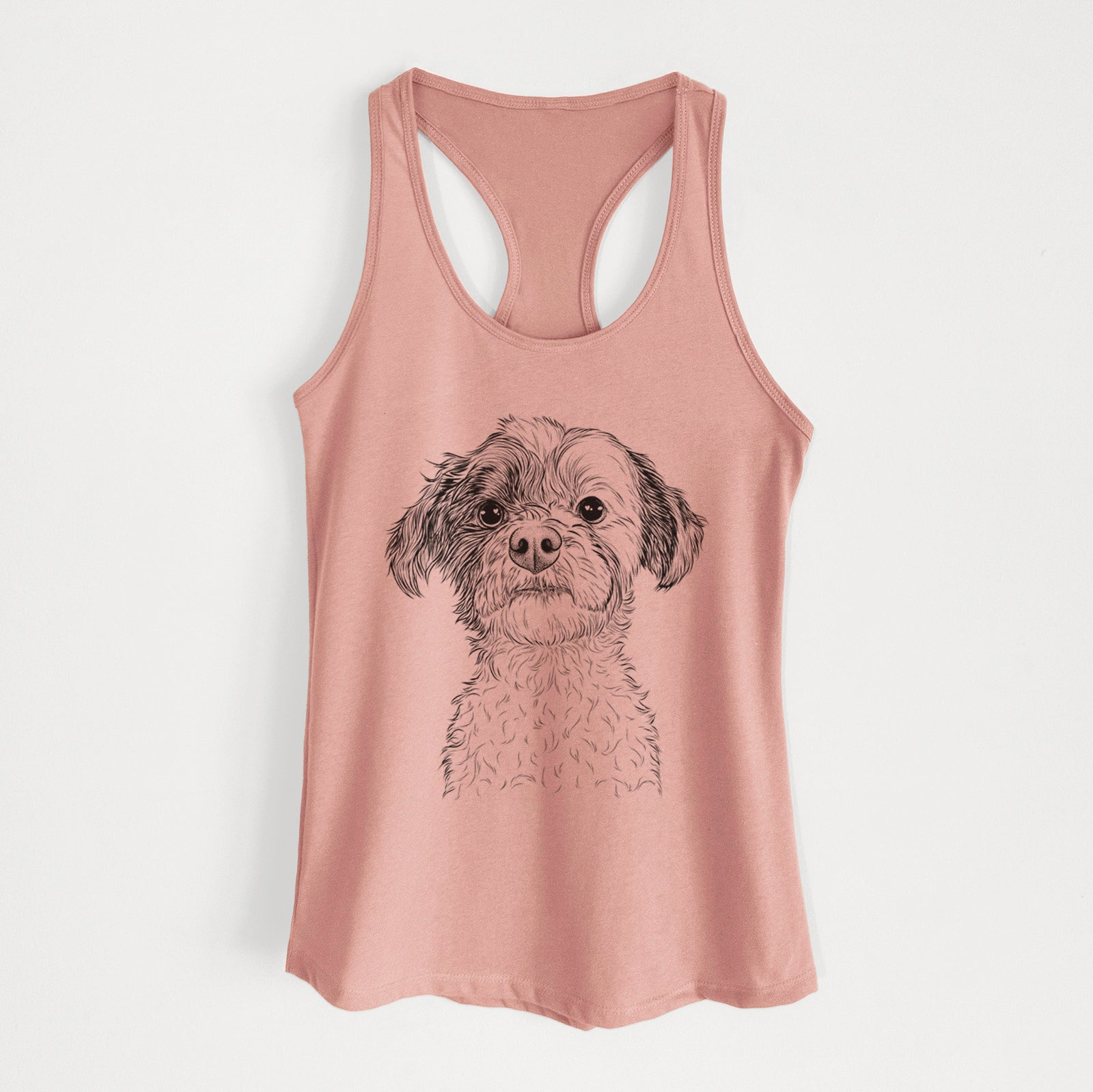 Hand-drawn sketch of Louise the Havanese on a Desert Pink Women's racerback tanktop