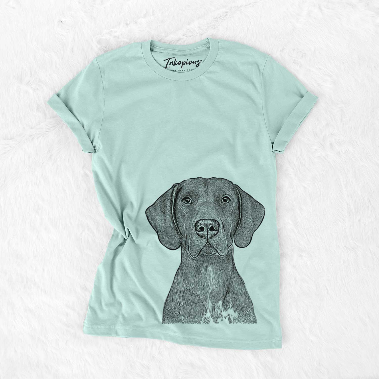 Hand-drawn sketch of Lucifer the German Shorthaired Pointer on a Heather Sage Bella Canvas Unisex Crewneck