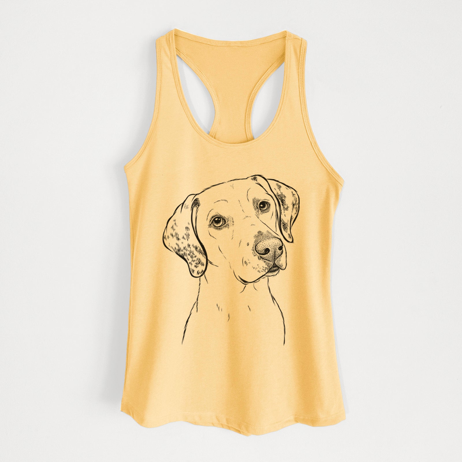 Hand-drawn sketch of Lucky the Dalmatian on a Banana Cream Women's racerback tanktop