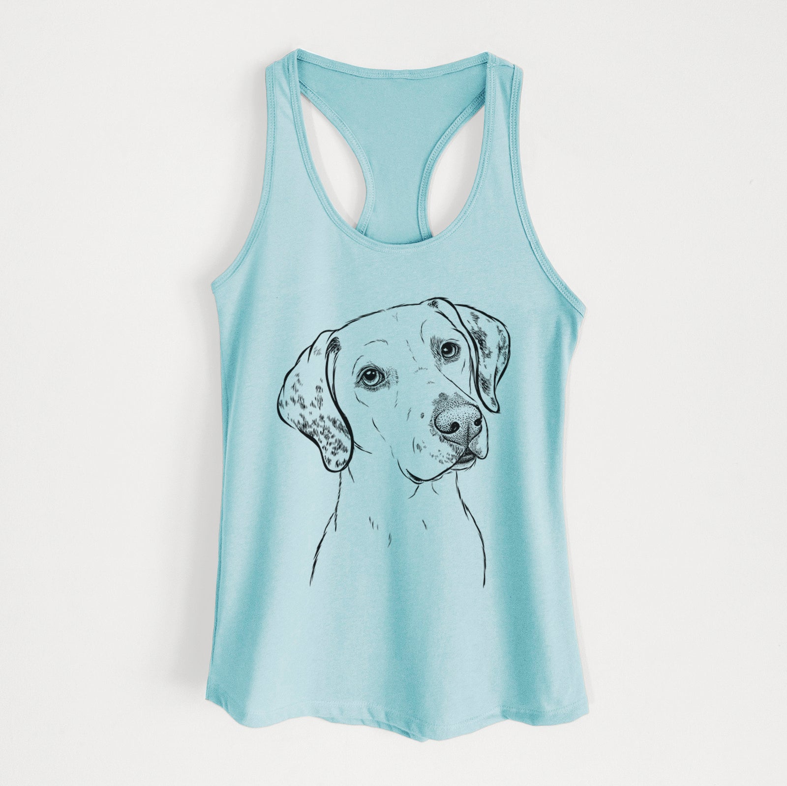 Hand-drawn sketch of Lucky the Dalmatian on a Cancun Blue Women's racerback tanktop