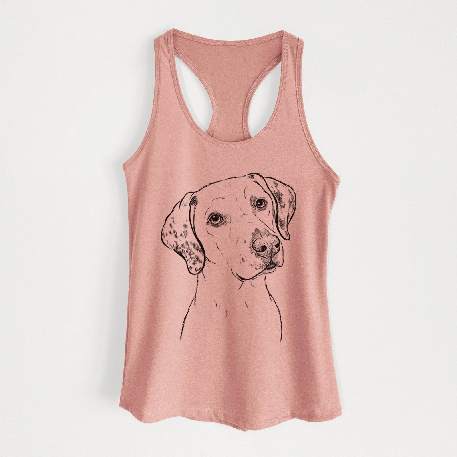 Hand-drawn sketch of Lucky the Dalmatian on a Desert Pink Women's racerback tanktop