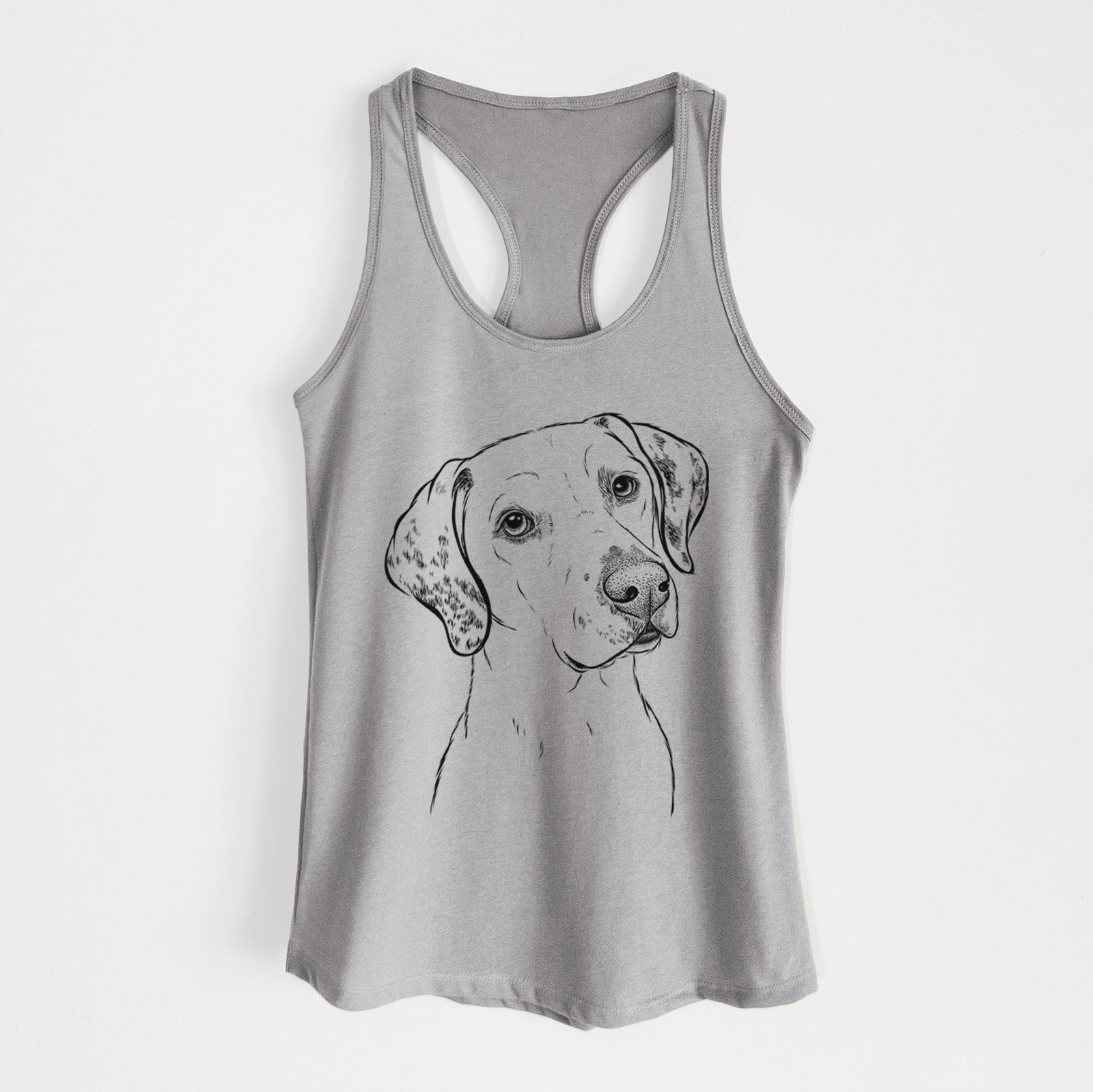 Hand-drawn sketch of Lucky the Dalmatian on a Heather Grey Women's racerback tanktop